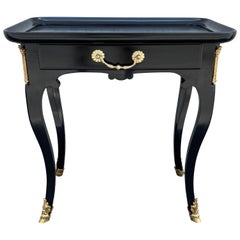 Vintage Louis XV Style Black Lacquered Side Table with Hoof Feet