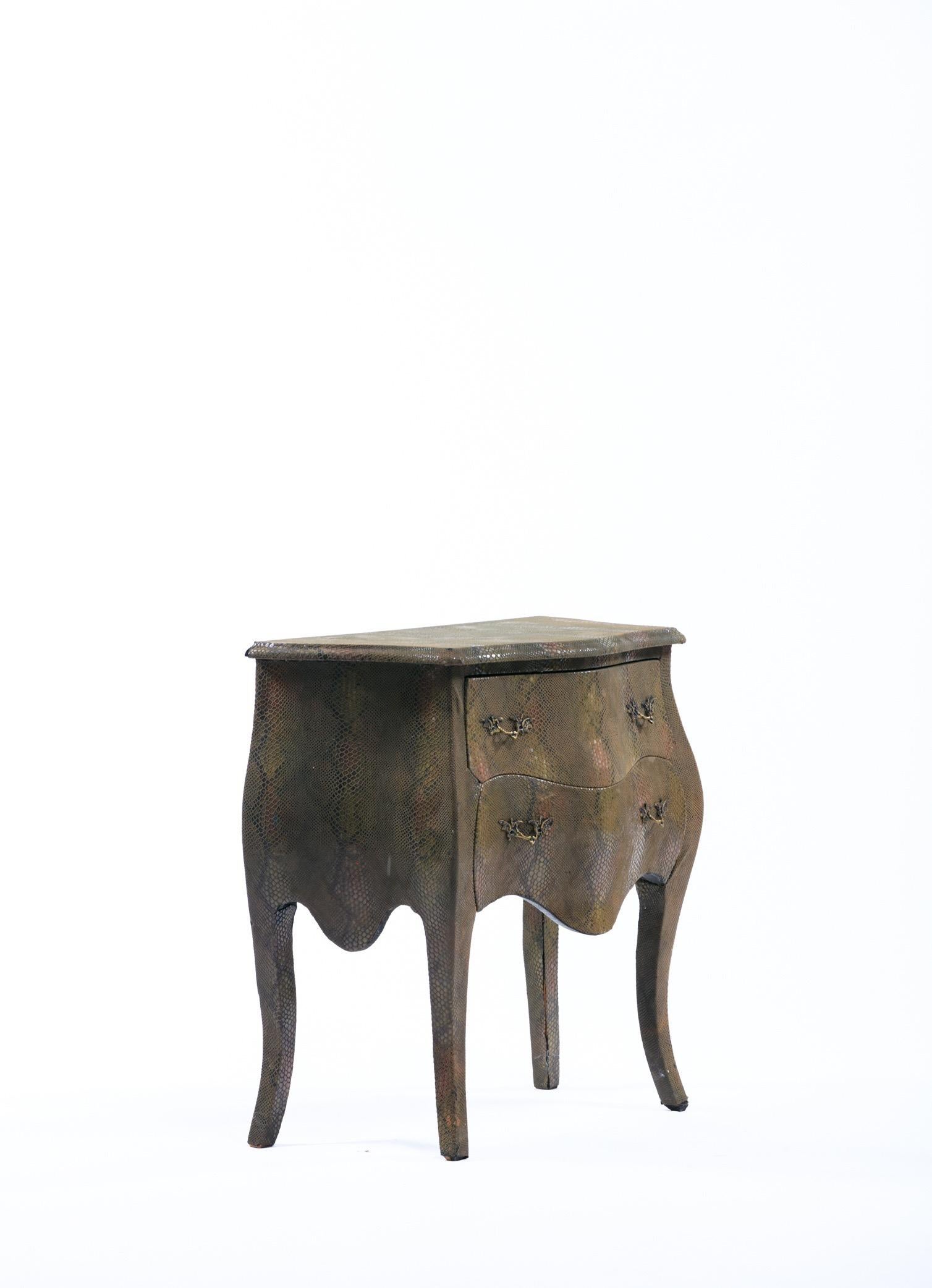 Louis XV Style Bombé Commode Wrapped in Olive Green Faux Snakeskin For Sale 8