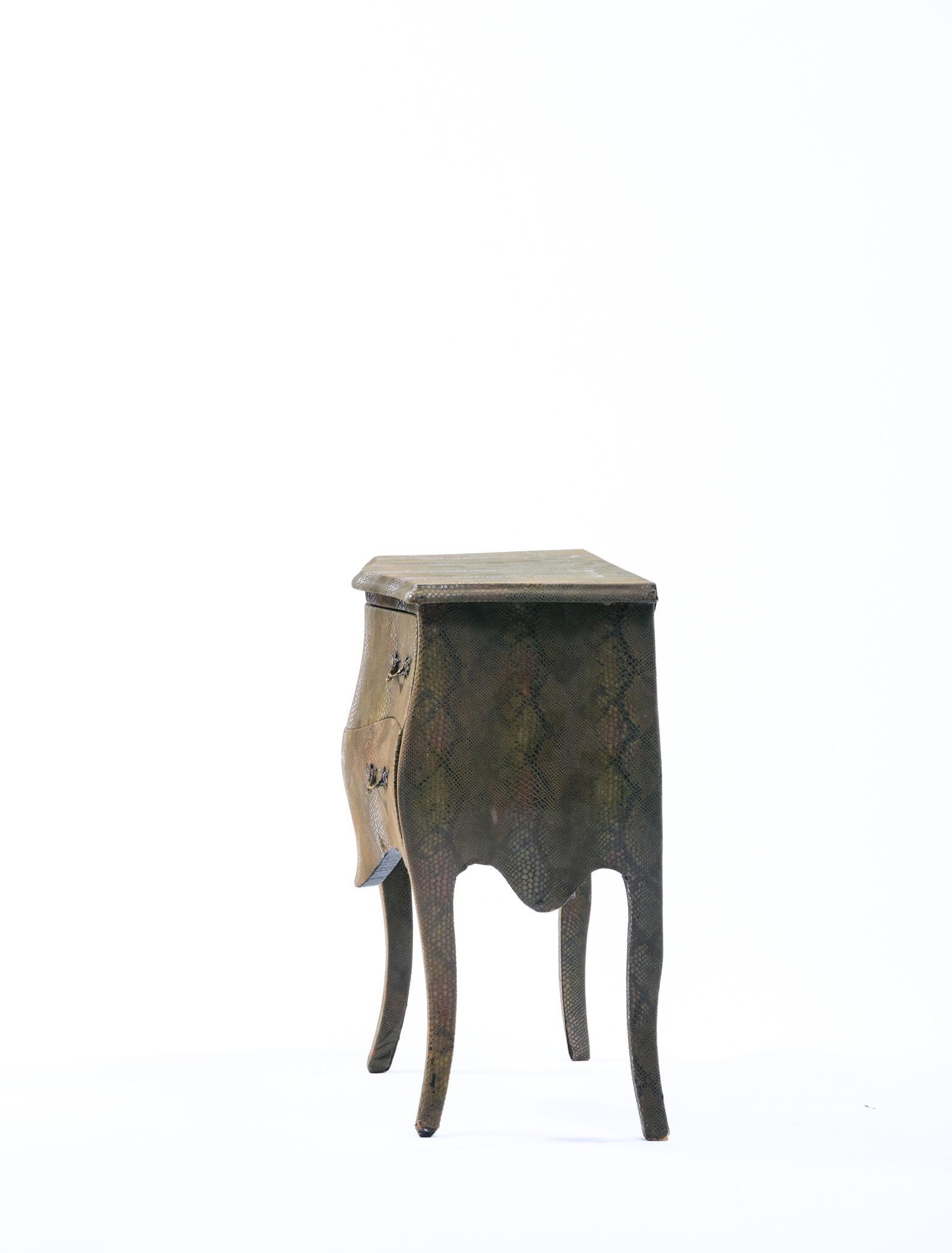Louis XV Style Bombé Commode Wrapped in Olive Green Faux Snakeskin For Sale 12
