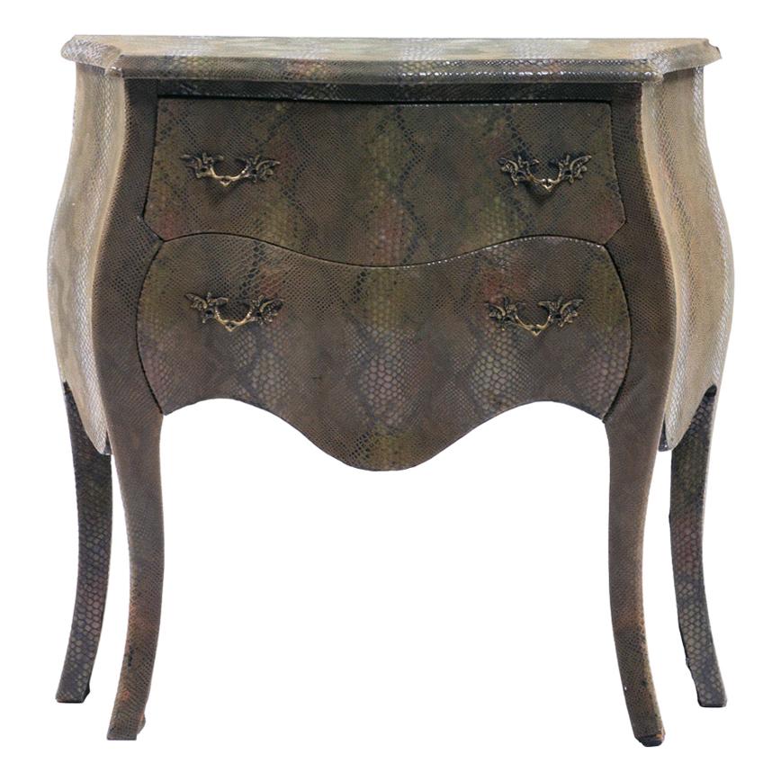 Louis XV Style Bombé Commode Wrapped in Olive Green Faux Snakeskin