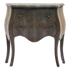 Vintage Louis XV Style Bombé Commode Wrapped in Olive Green Faux Snakeskin