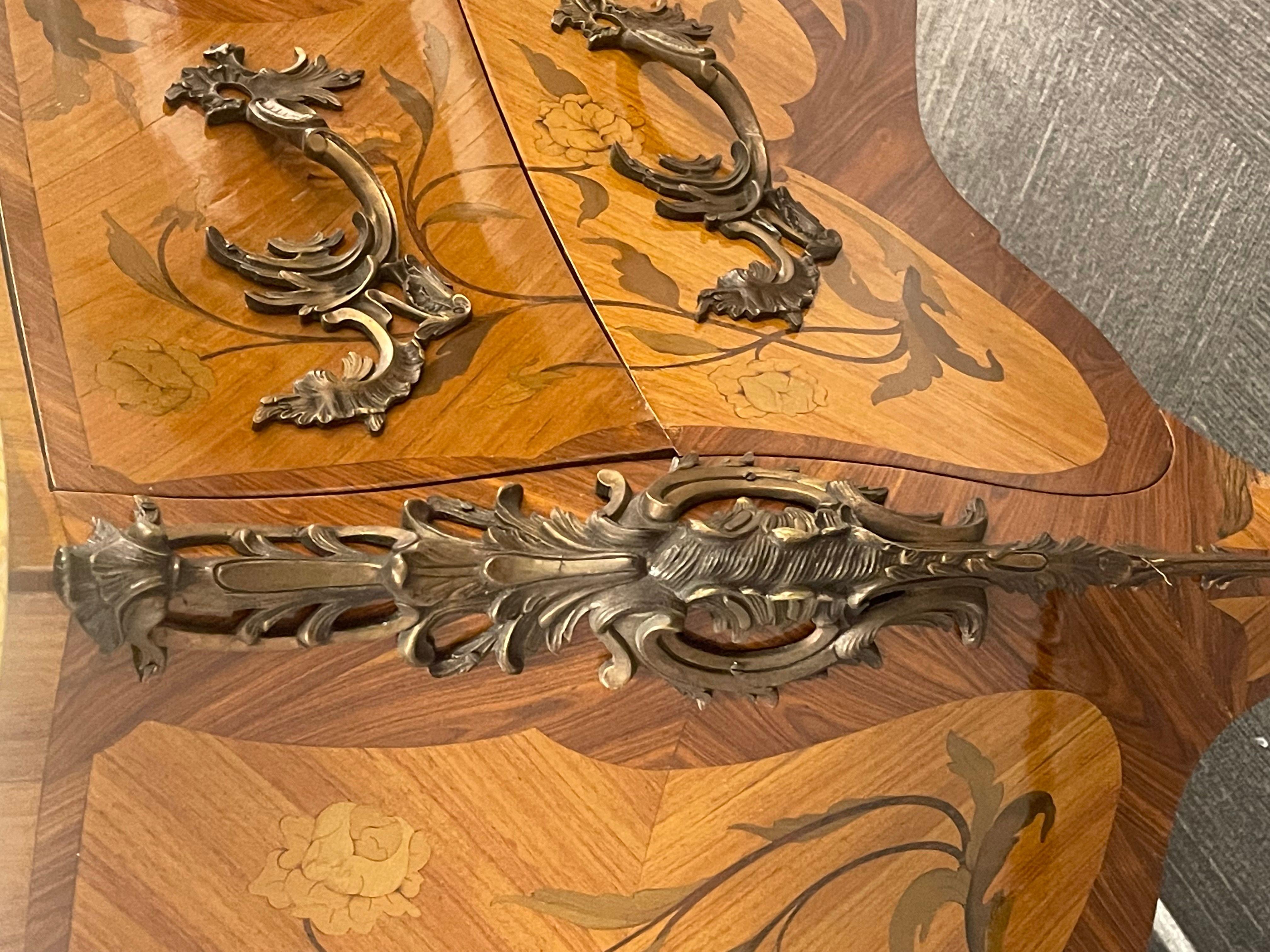 Bronze Louis XV Style Bombe Inlaid Commode, Chest or Dresser