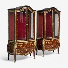 Louis XV Style, Bombe Vitrines, Ormolu Bronze, Inlaid Marquetry, France, 19th