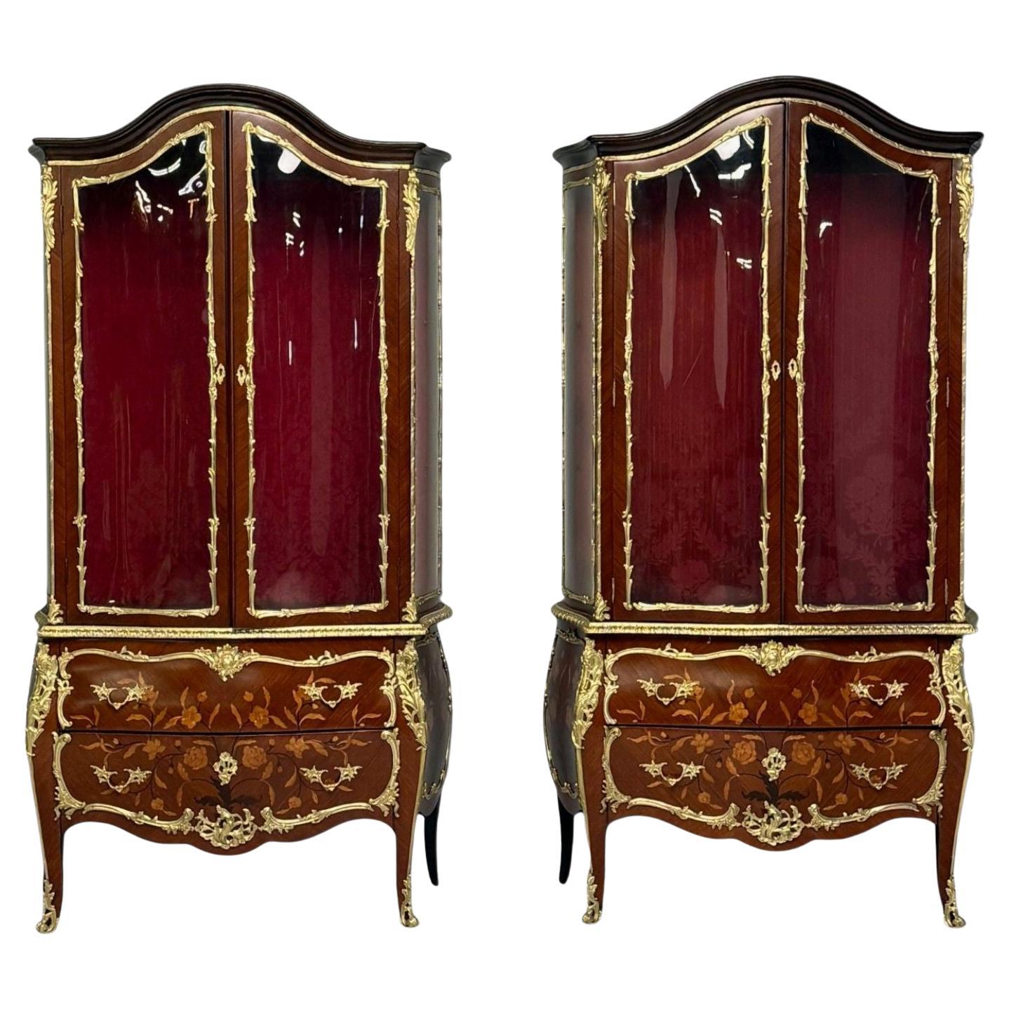 Louis XV Style, Bombe Vitrines, Ormolu Bronze, Inlaid Marquetry, France, 19th