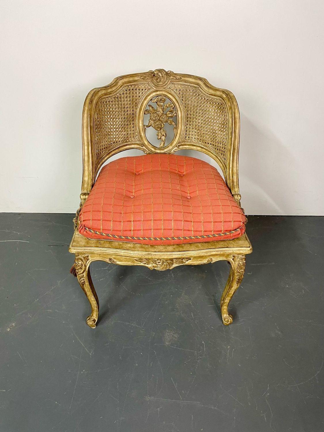 Louis XV style boudoir chair, vanity or hall chair, tufted pillow and tassels

An exceptional carved and cane chair perfect for that small boudoir or vanity, vestibule space. A fine Gustavian finish having a carved cabriole leg and backsplash. A