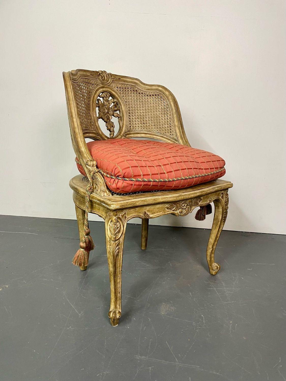 20th Century Louis XV Style Boudoir Chair, Vanity or Hall Chair, Tufted Pillow and Tassels For Sale