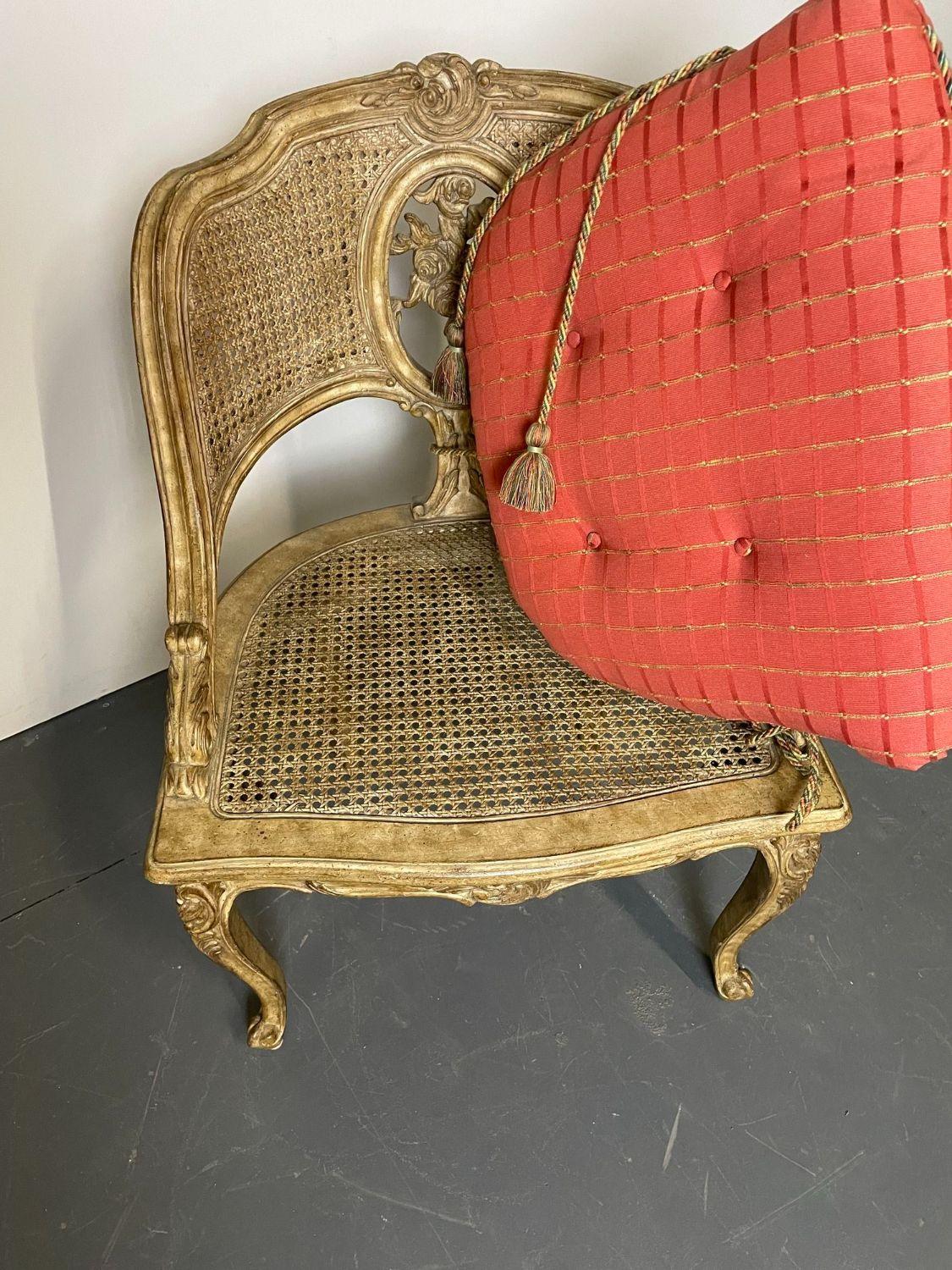 Wood Louis XV Style Boudoir Chair, Vanity or Hall Chair, Tufted Pillow and Tassels For Sale