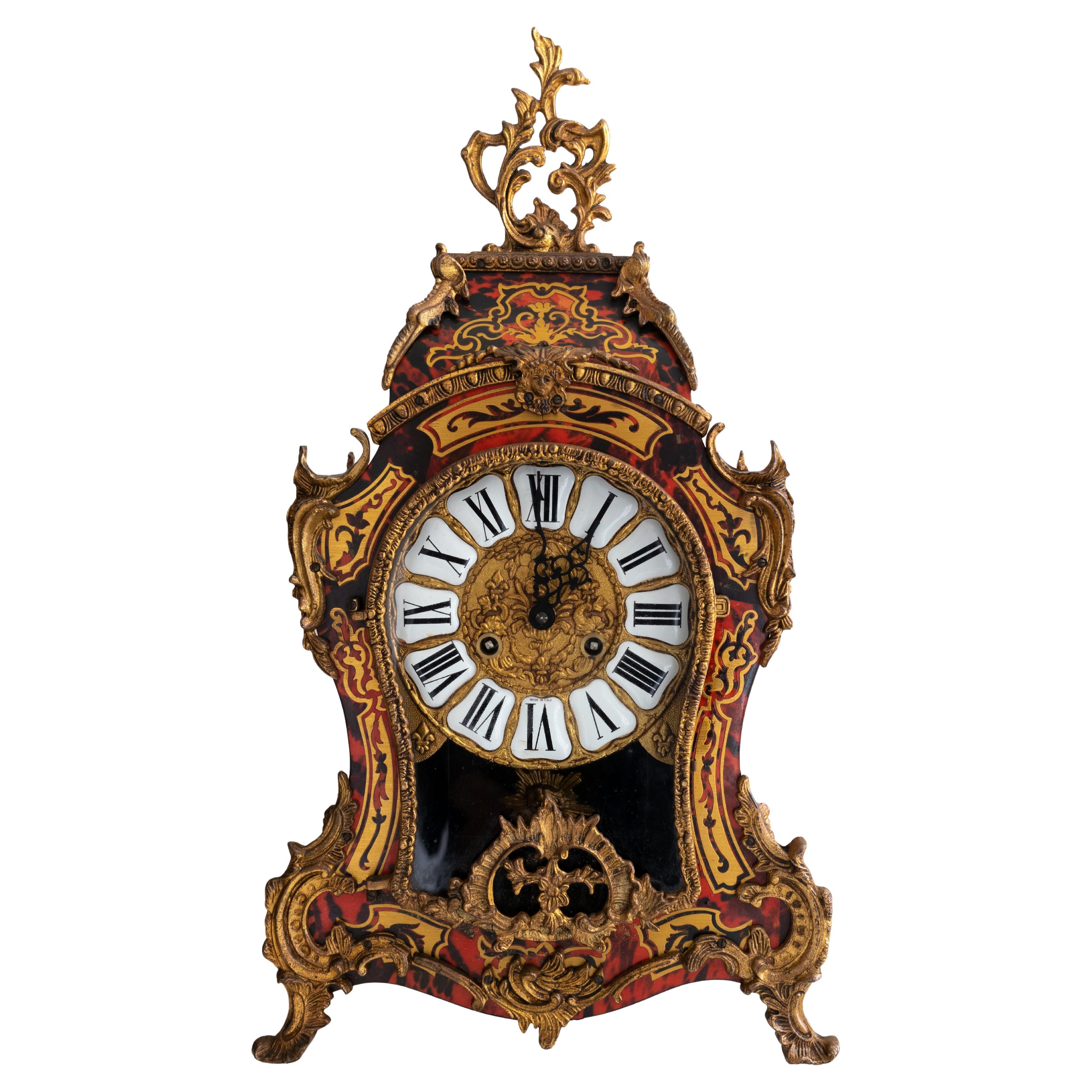 Louis XV Style Boulle Mantel Table Clock with Sun Pendulum, 20th Century For Sale