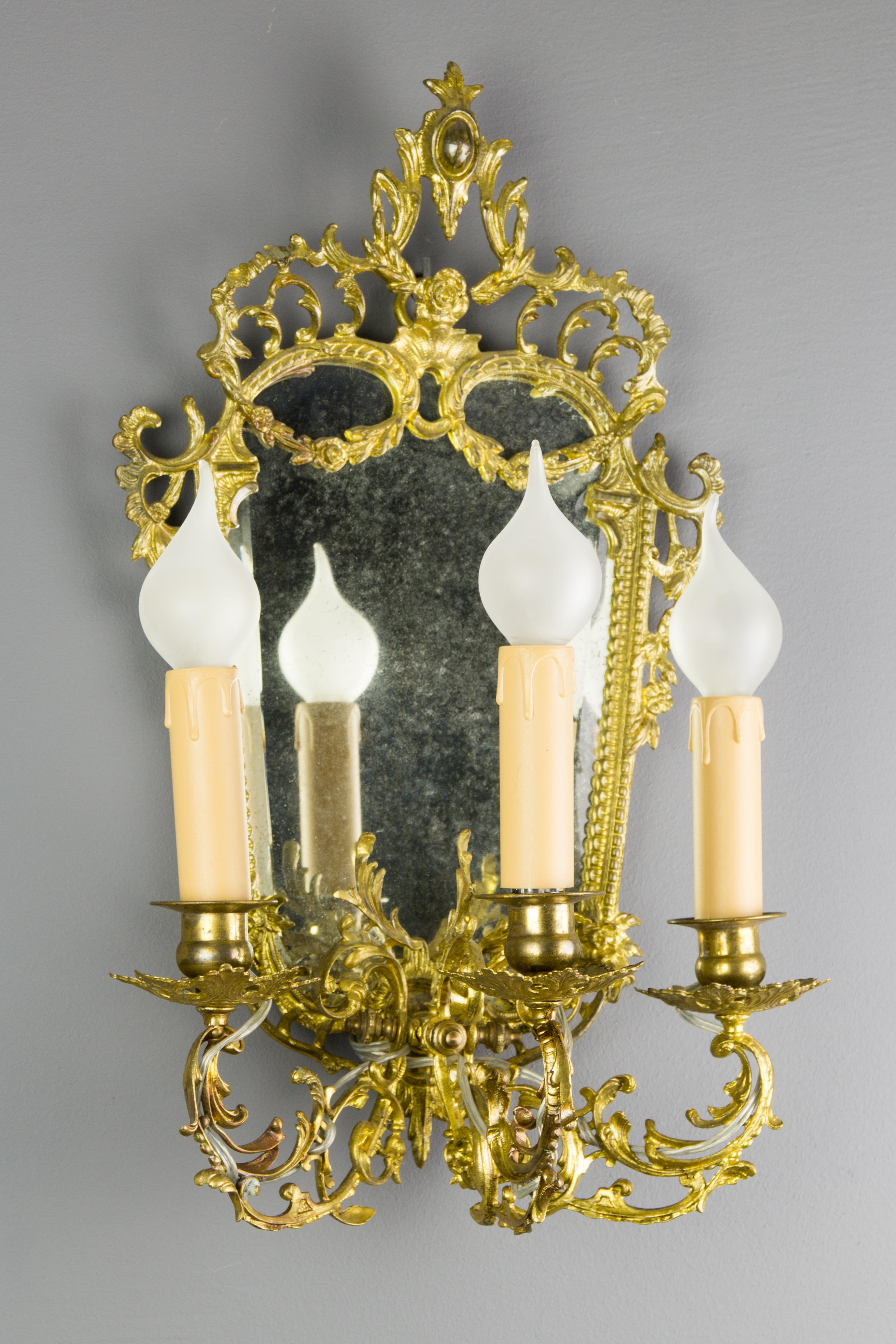 Louis XV Style Brass and Bronze Three-Arm Mirrored Girandole Wall Sconce For Sale 9