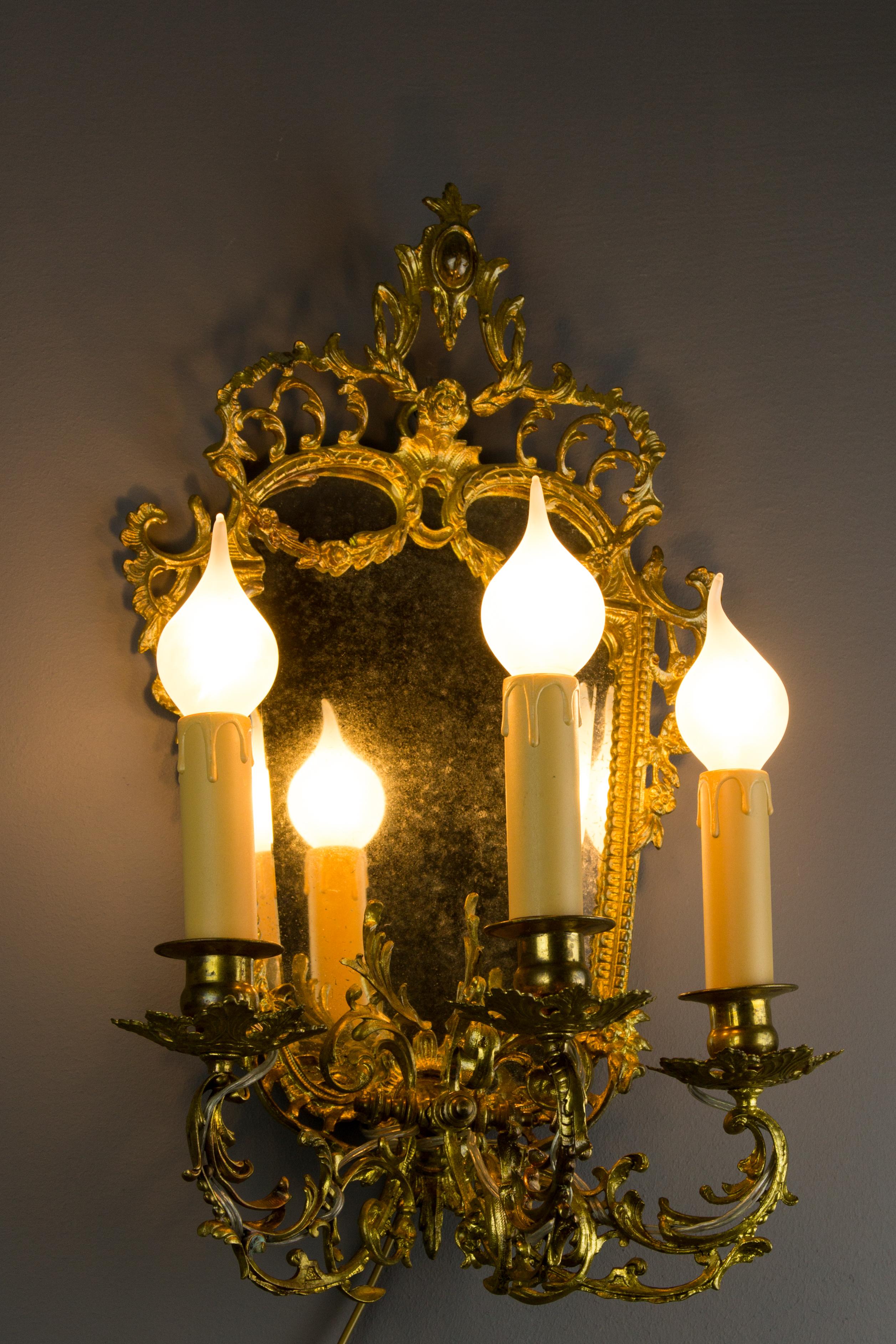 French Louis XV Style Brass and Bronze Three-Arm Mirrored Girandole Wall Sconce For Sale