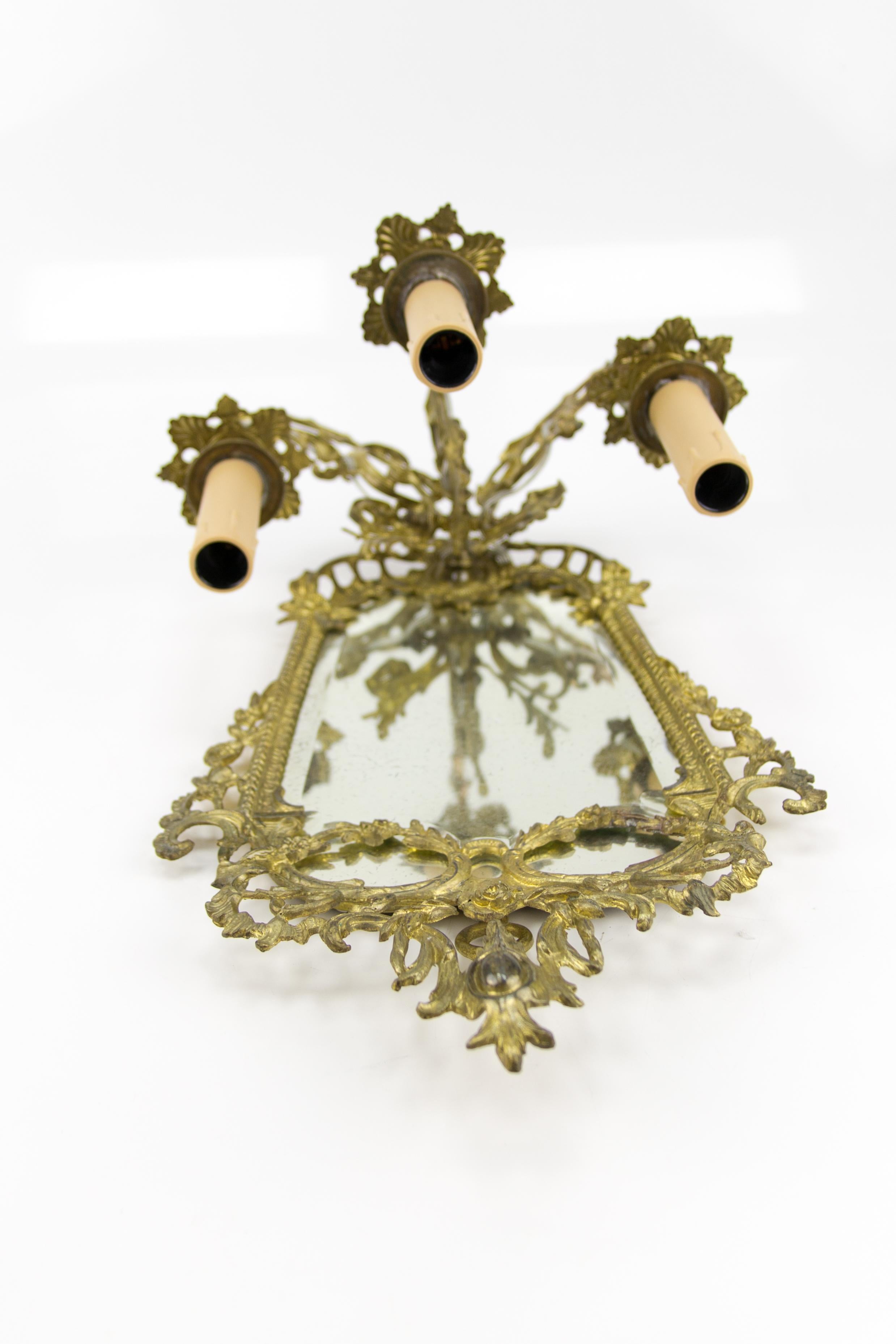 Louis XV Style Brass and Bronze Three-Arm Mirrored Girandole Wall Sconce For Sale 3