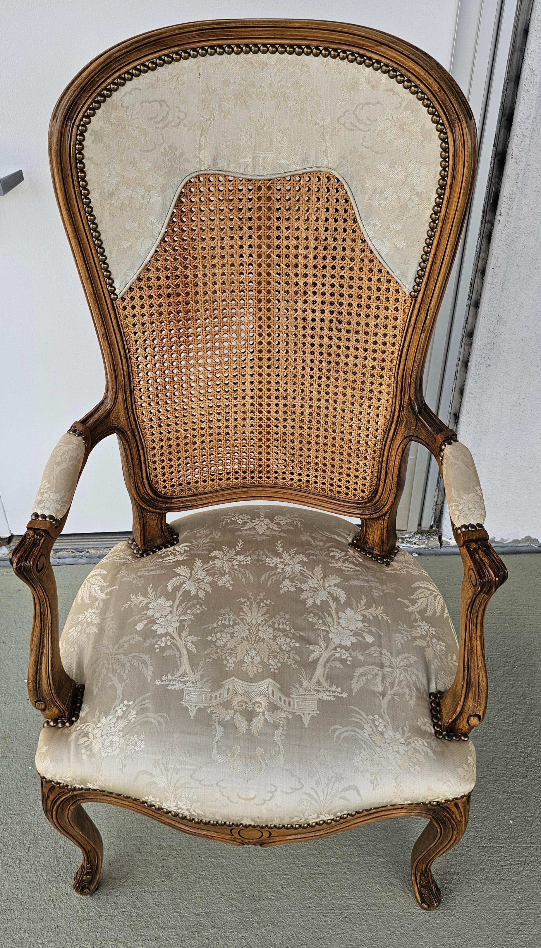 Italian Louis XV Style Brass Nail Studded, Caned and Partial Upholstered Fauteuil For Sale