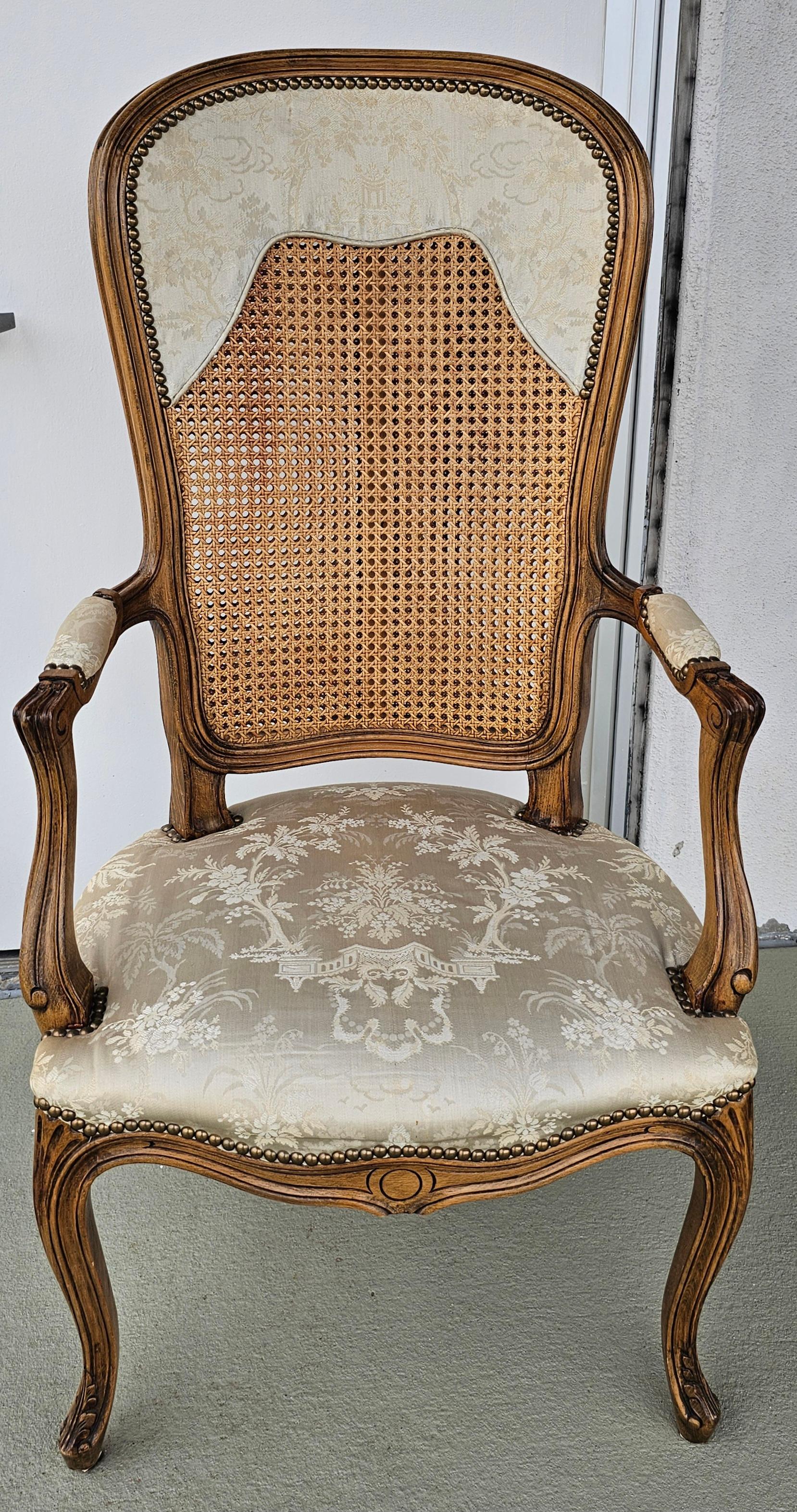 Caning Louis XV Style Brass Nail Studded, Caned and Partial Upholstered Fauteuil For Sale