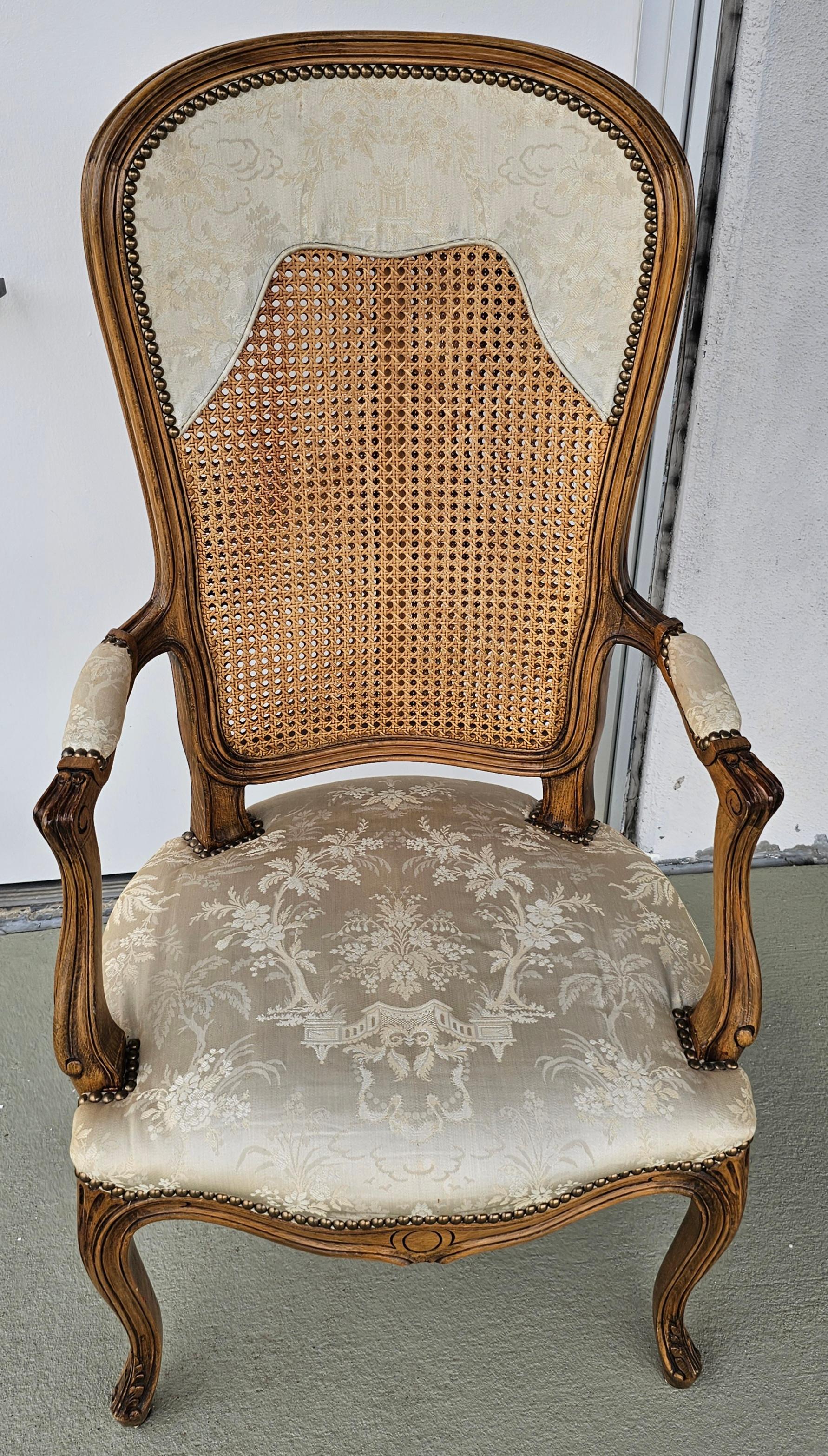 Louis XV Style Brass Nail Studded, Caned and Partial Upholstered Fauteuil In Good Condition For Sale In Germantown, MD