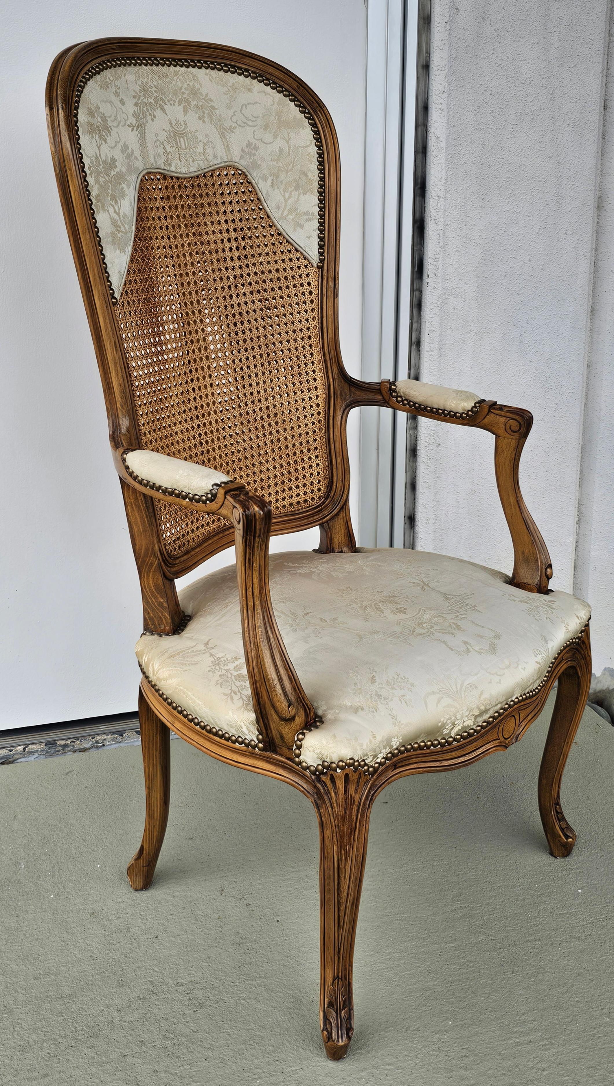 Upholstery Louis XV Style Brass Nail Studded, Caned and Partial Upholstered Fauteuil For Sale