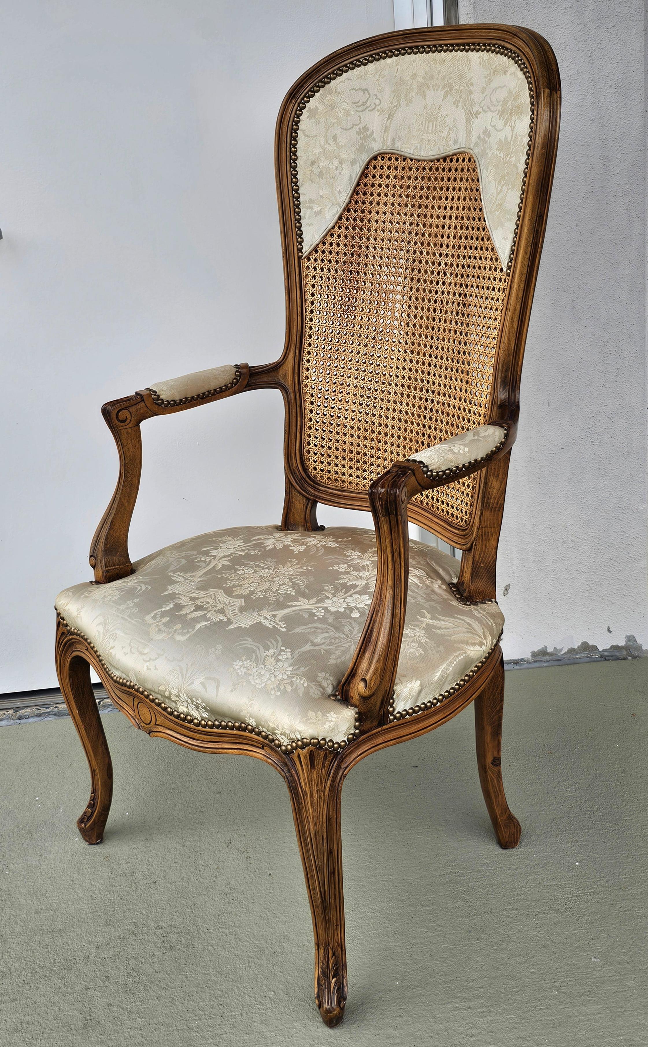 Louis XV Style Brass Nail Studded, Caned and Partial Upholstered Fauteuil For Sale 1