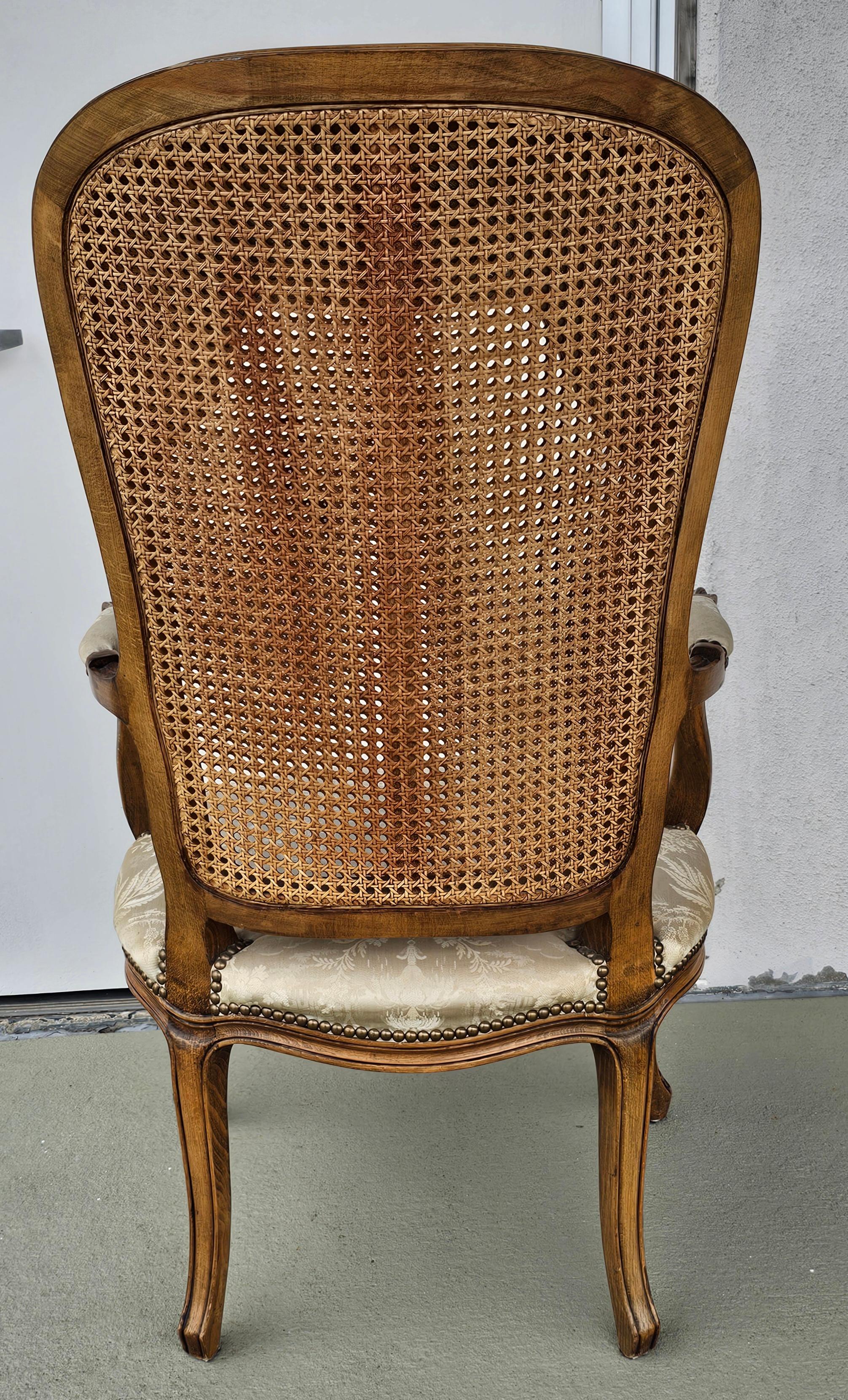Louis XV Style Brass Nail Studded, Caned and Partial Upholstered Fauteuil For Sale 2