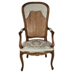 Louis XV Style Brass Nail Studded, Caned and Partial Upholstered Fauteuil