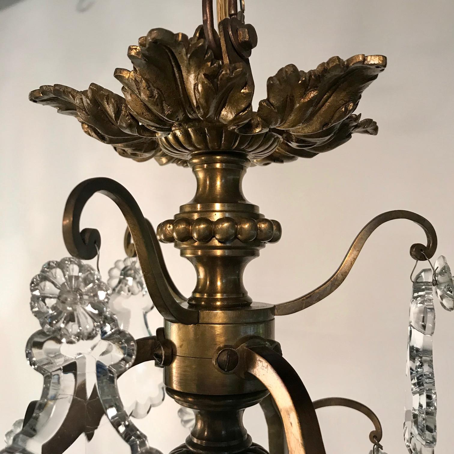 French Louis XV Style Bronze and Crystal Six-Light Chandelier For Sale