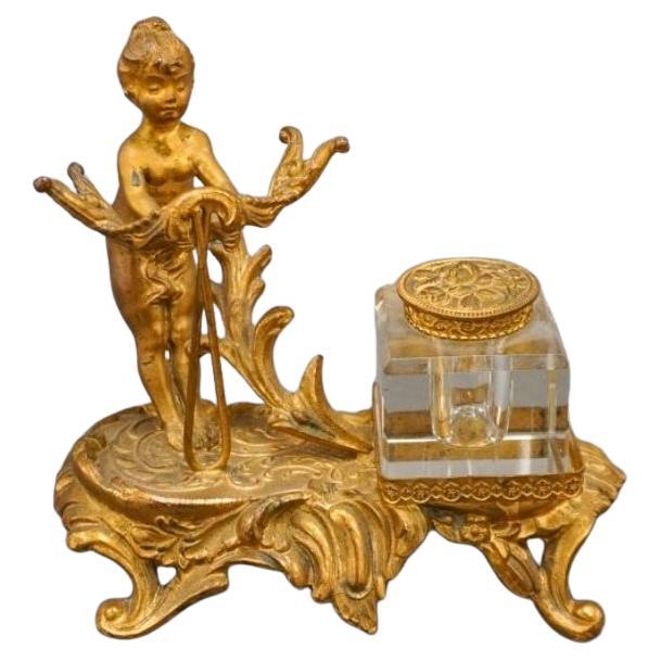 Louis XV Style Bronze and Glass Figural Inkwell