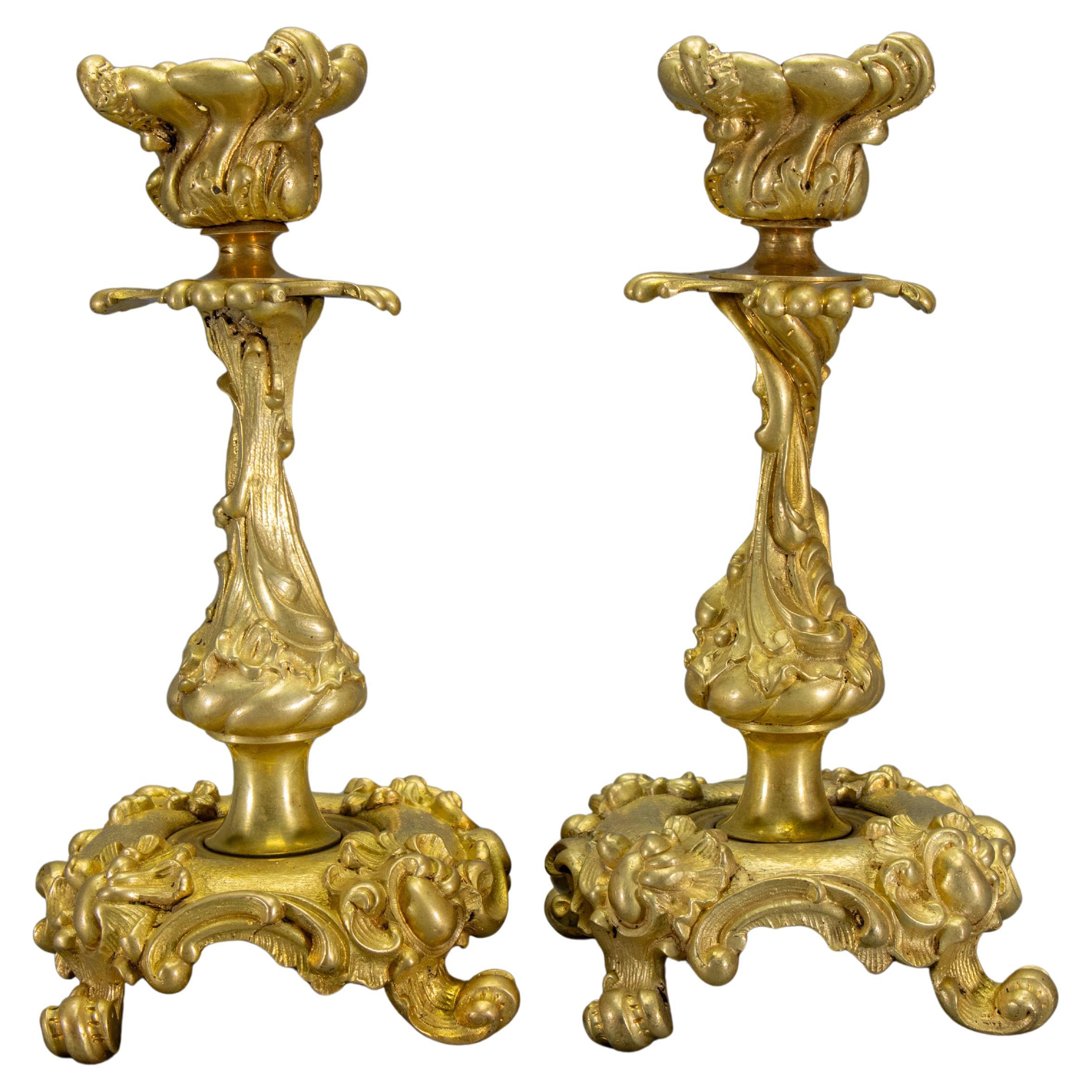 Louis XV Style Bronze Candlesticks, Rococo Design, Set of Two, Circa 1920 For Sale
