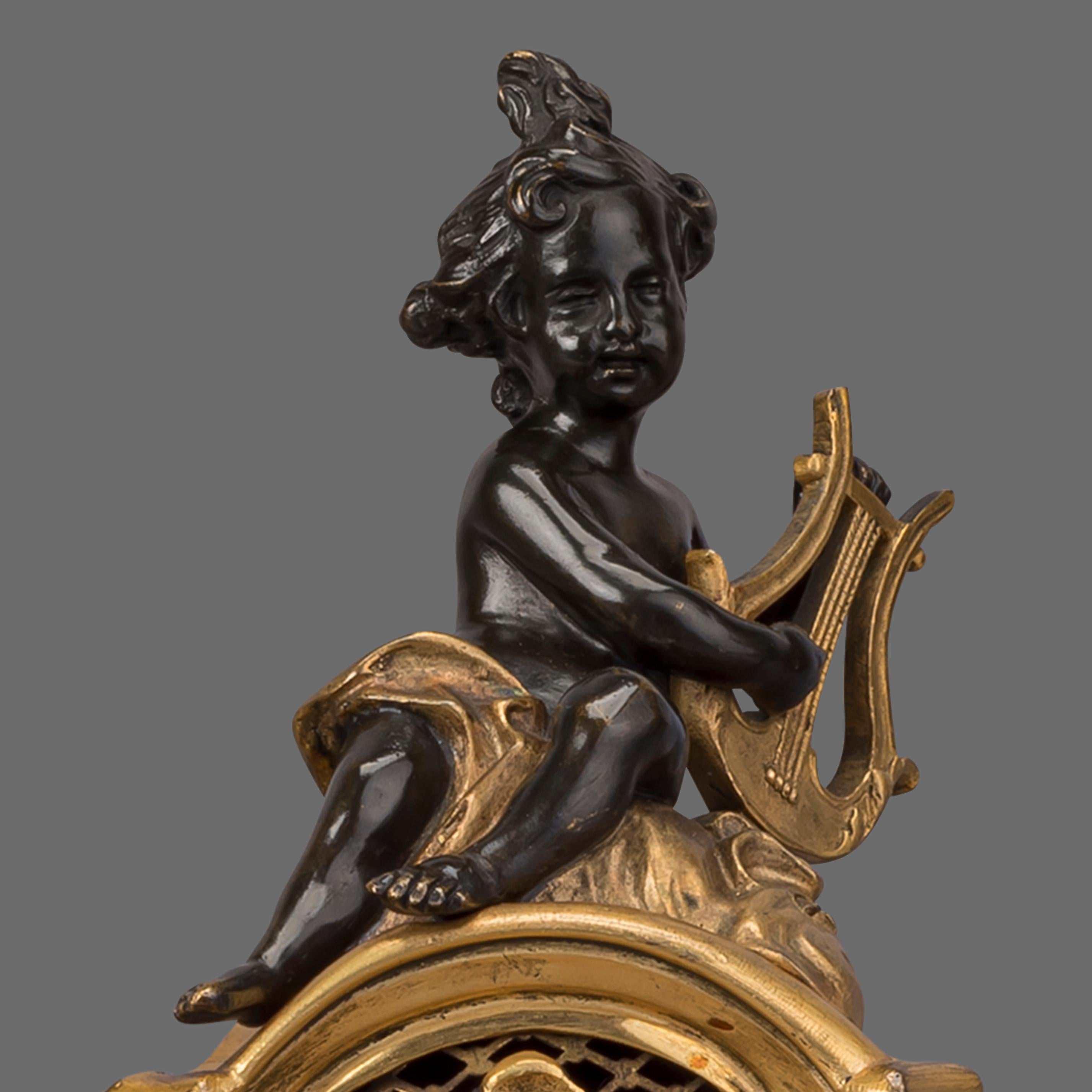 19th Century Louis XV Style Bronze Figural Clock Garniture by Maison Baguès French circa 1870 For Sale