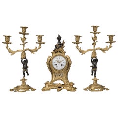 Antique Louis XV Style Bronze Figural Clock Garniture by Maison Baguès French circa 1870