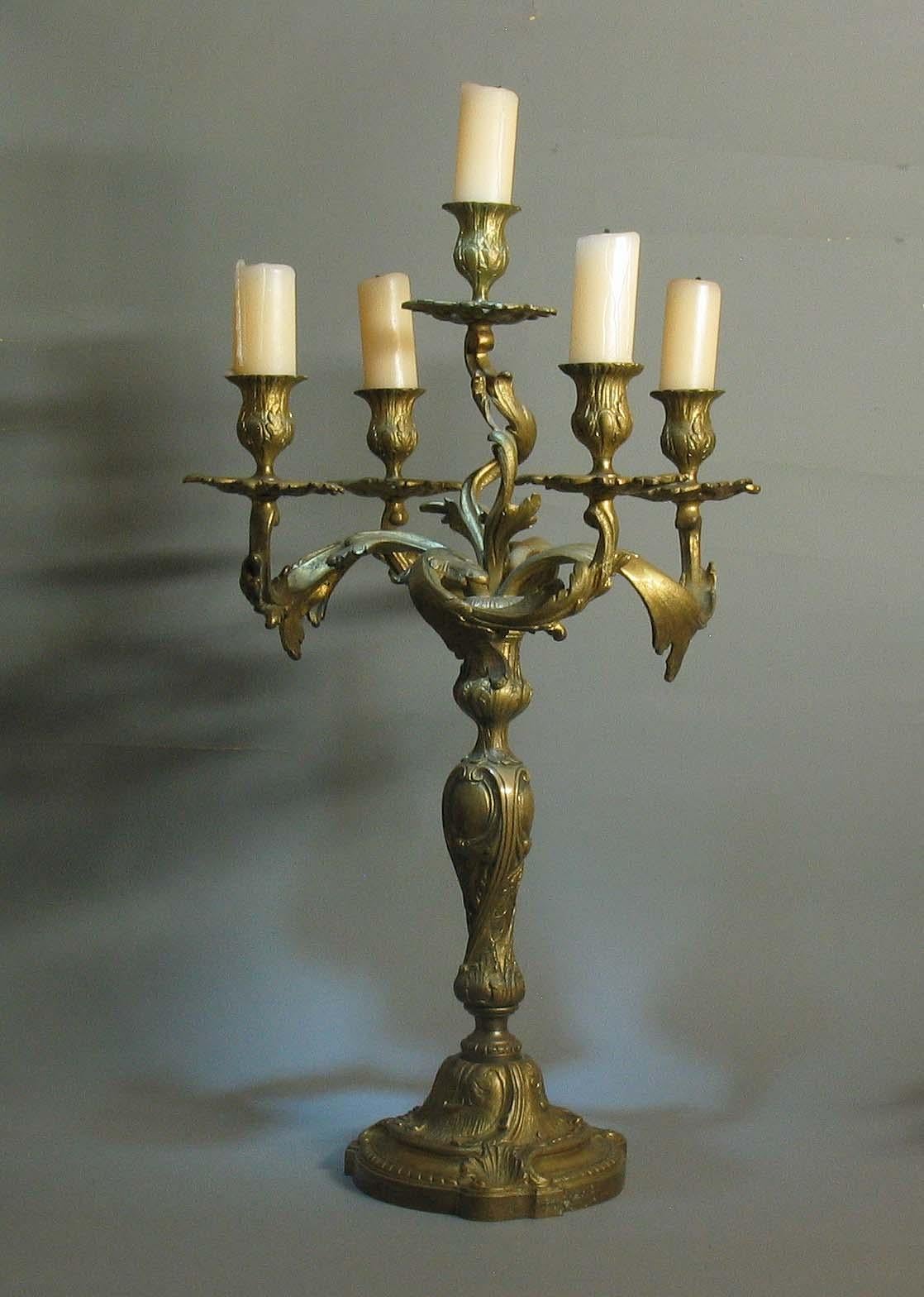 French Louis XV Style Bronze Five-Light Candelabra For Sale