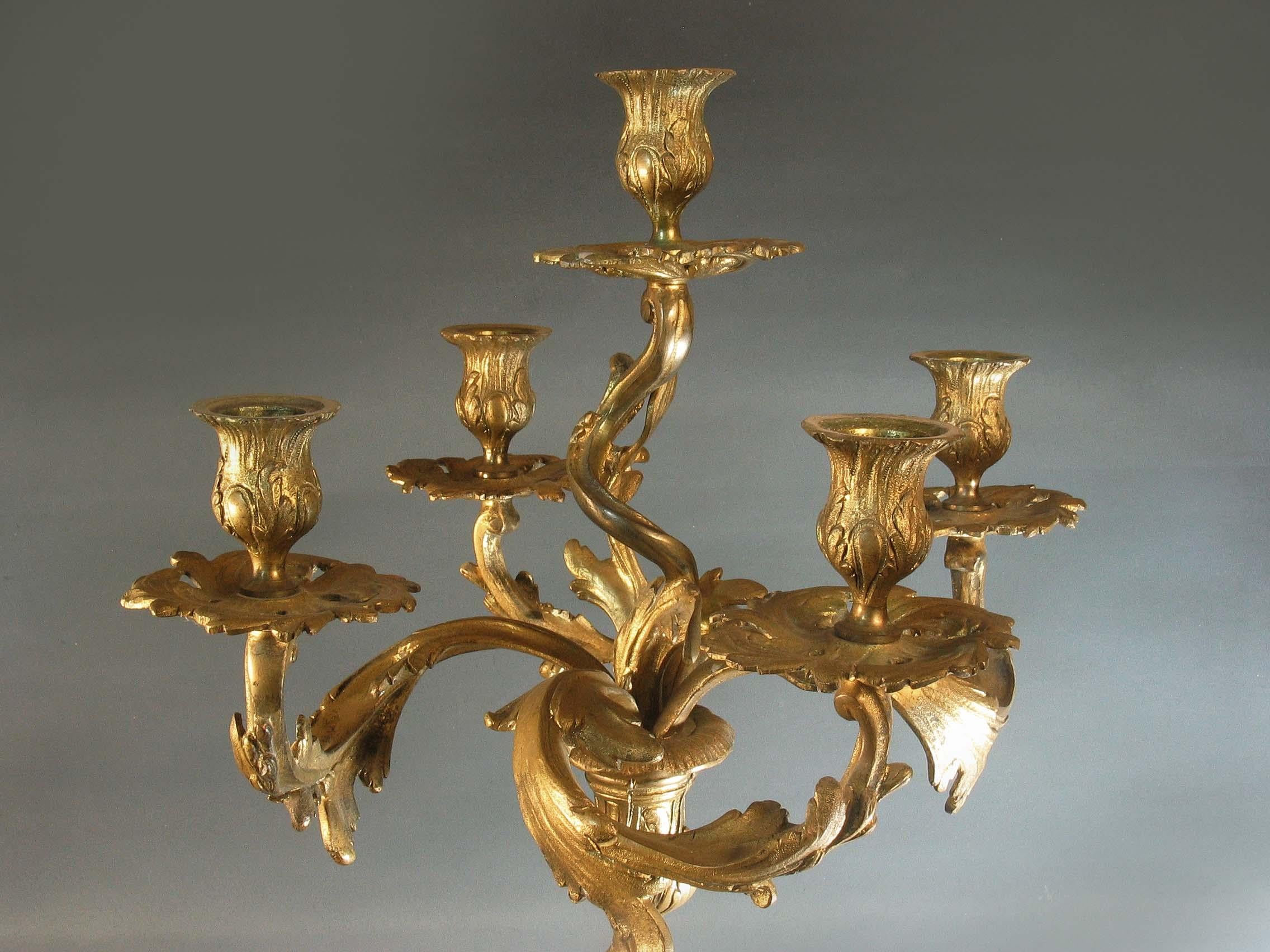 Cast Louis XV Style Bronze Five-Light Candelabra For Sale