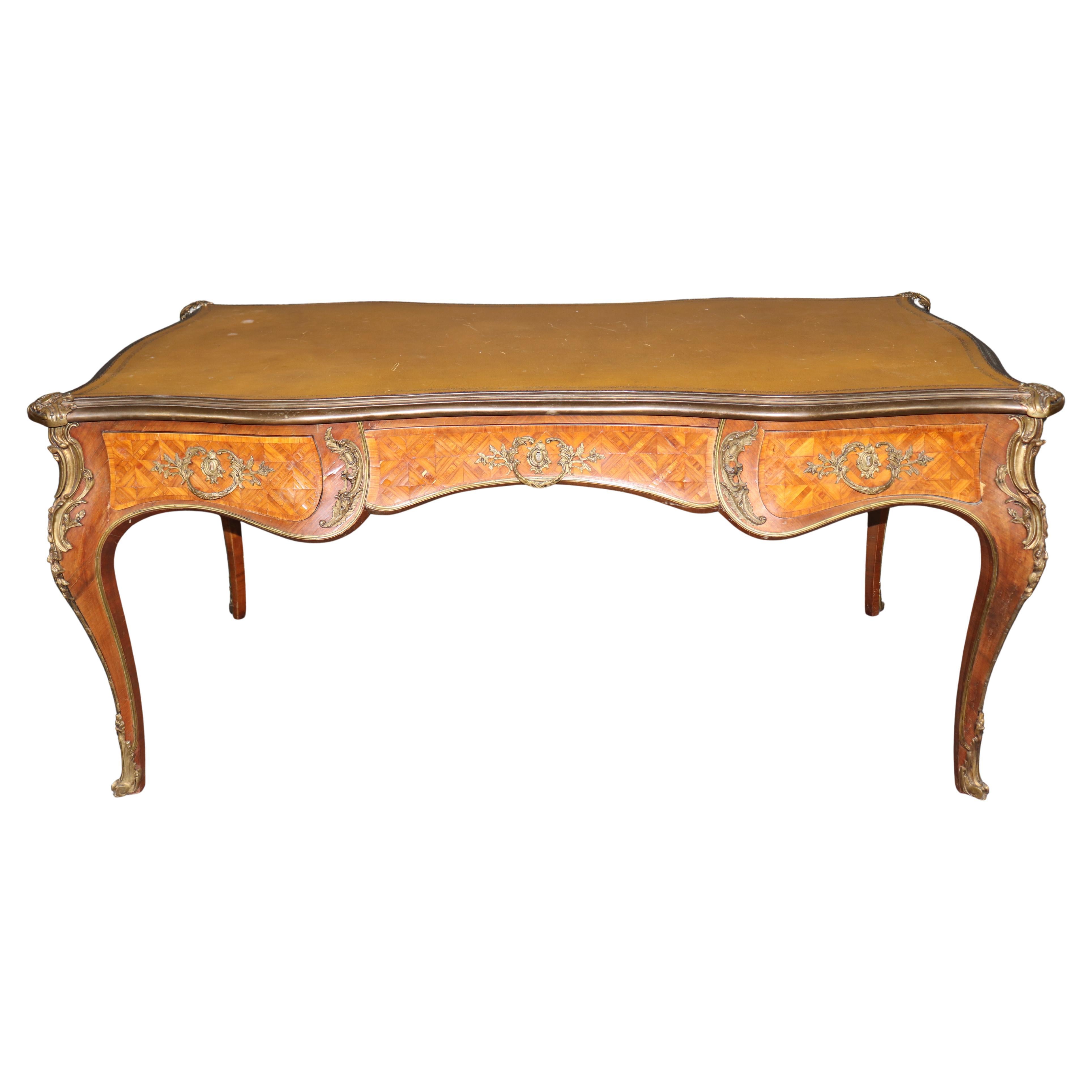 Louis XV Style Bronze Mounted French Leather Top Desk Bureau Plat