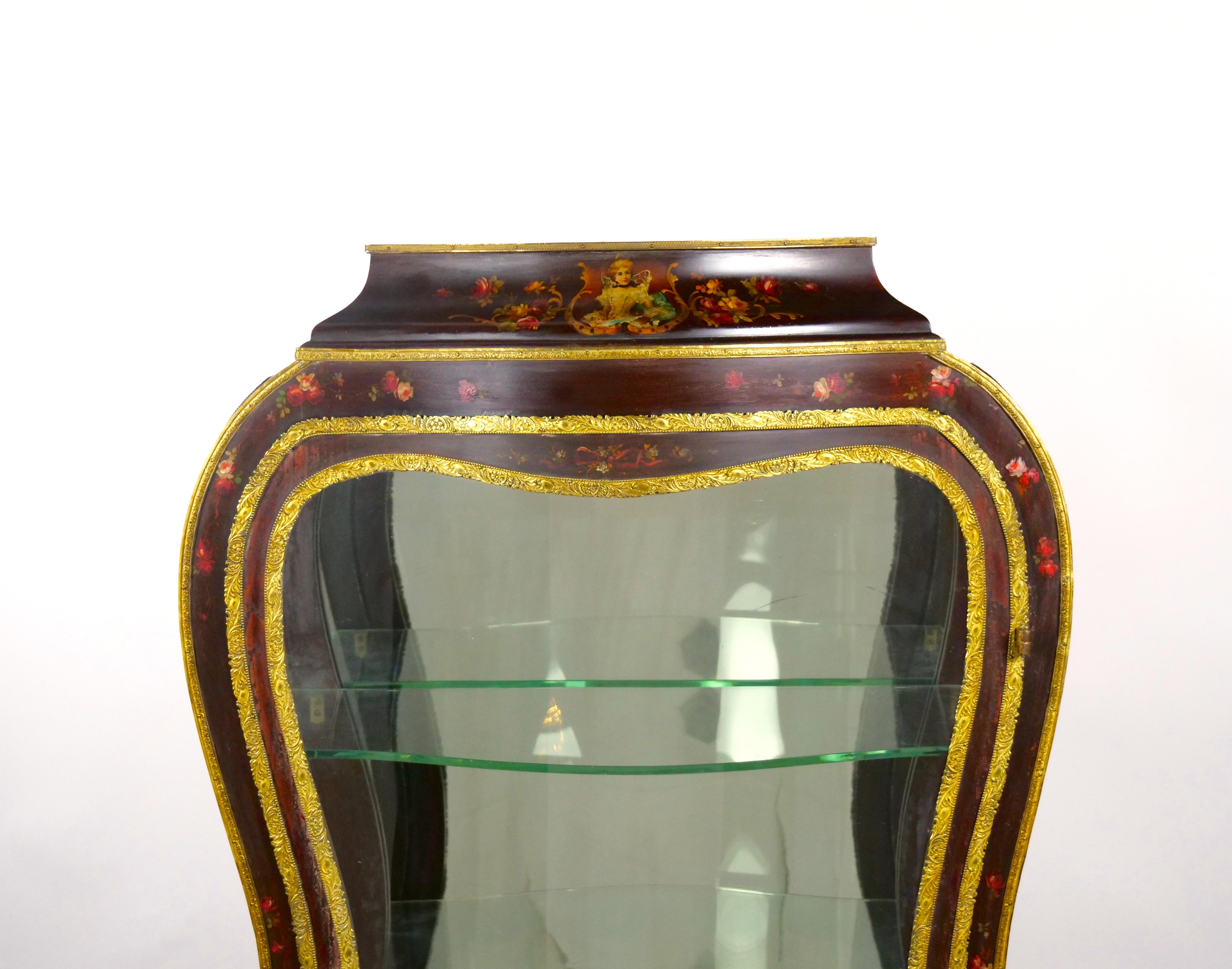 Hand-Carved Louis XV Style Bronze Mounted Hand Painted / Decorated Curio Vitrine Cabinet For Sale