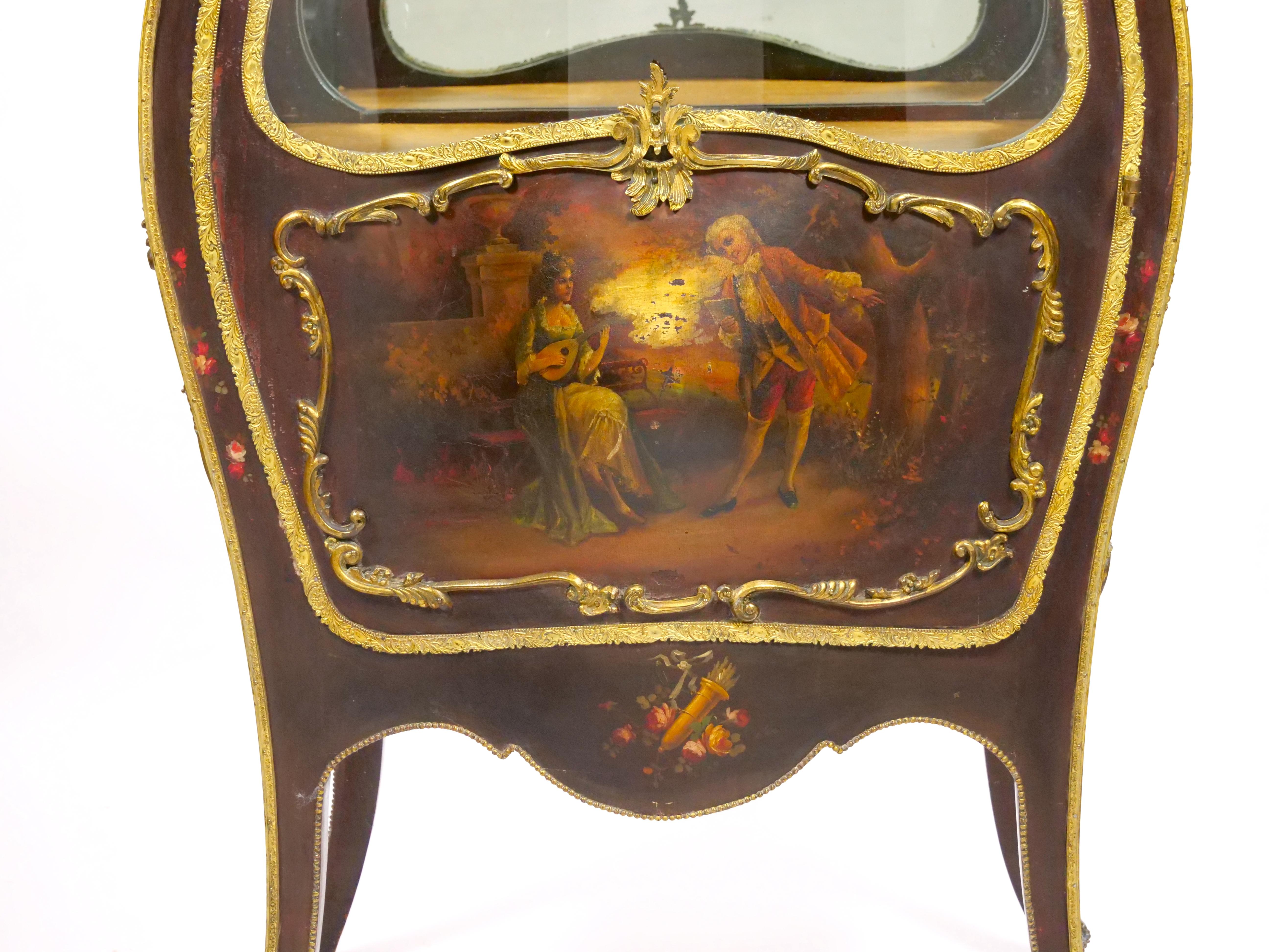 19th Century Louis XV Style Bronze Mounted Hand Painted / Decorated Curio Vitrine Cabinet For Sale