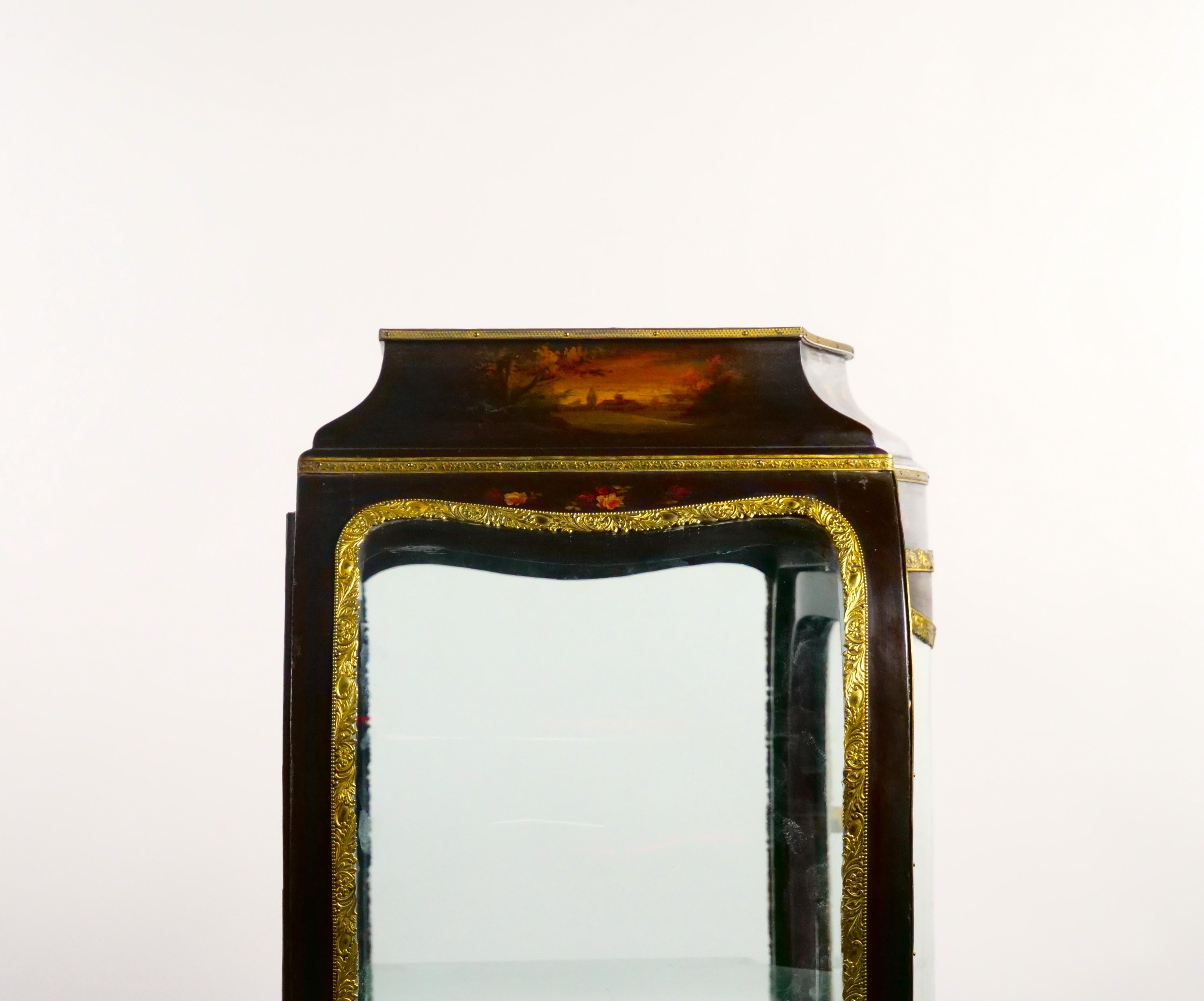 Wood Louis XV Style Bronze Mounted Hand Painted / Decorated Curio Vitrine Cabinet For Sale