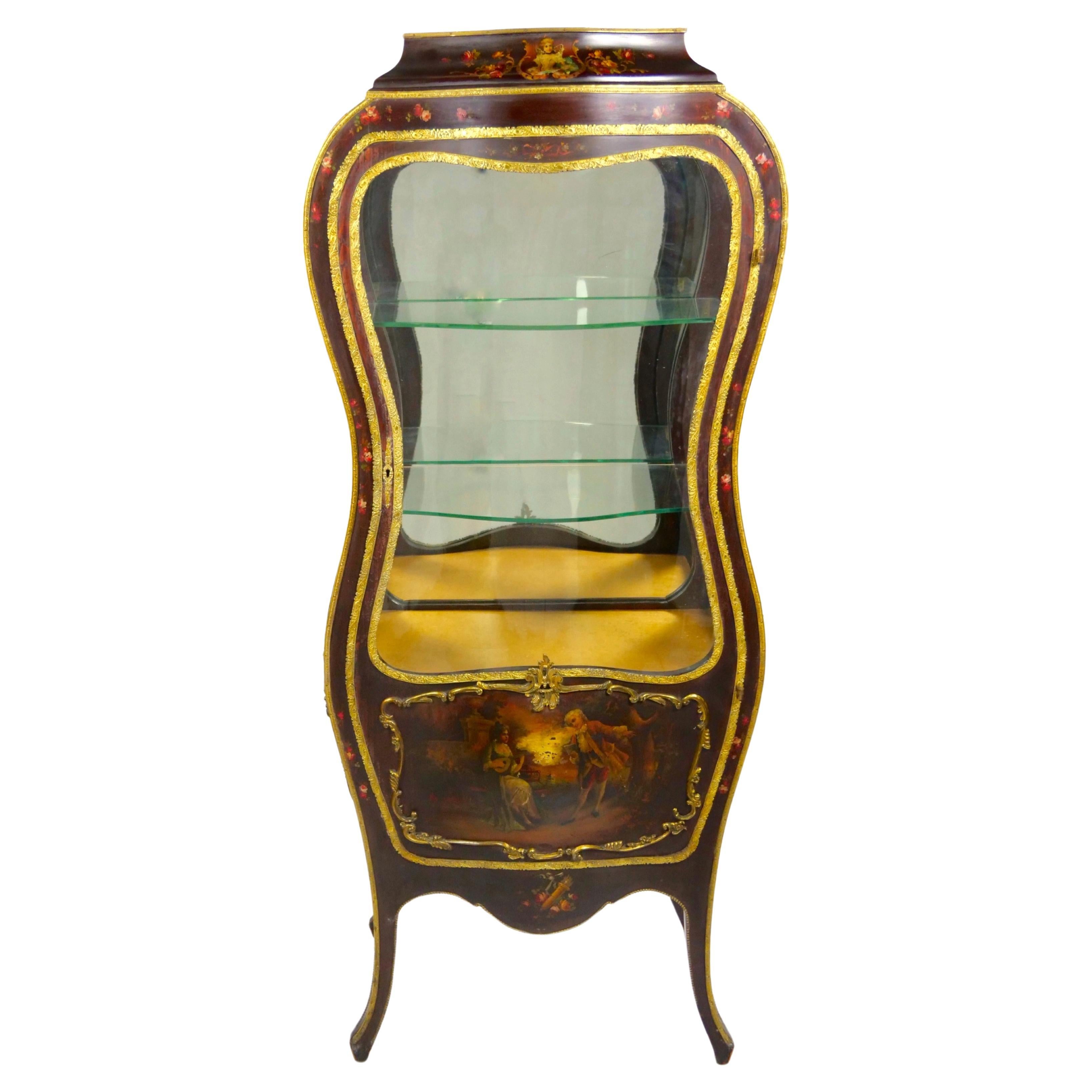 Louis XV Style Bronze Mounted Hand Painted / Decorated Curio Vitrine Cabinet For Sale