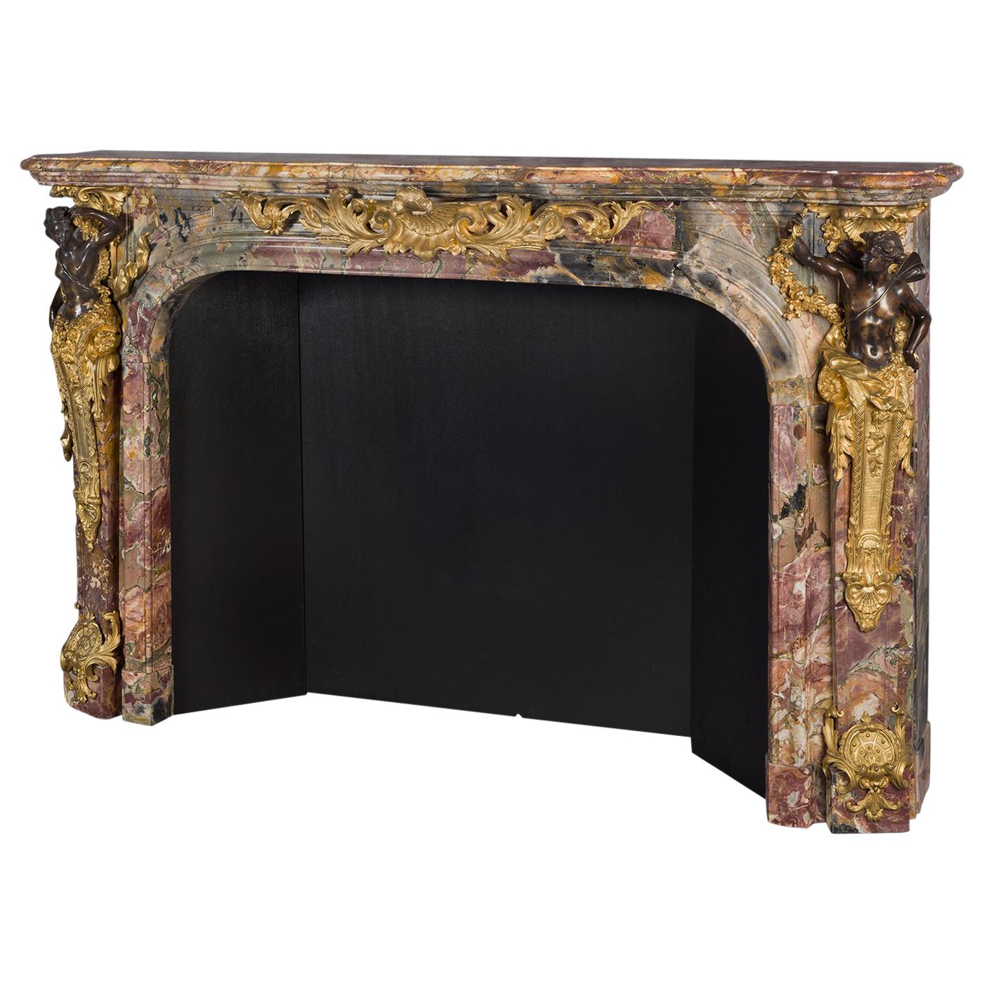 Louis XV Style Bronze-Mounted Marble Fireplace after Caffieri, circa 1860 For Sale