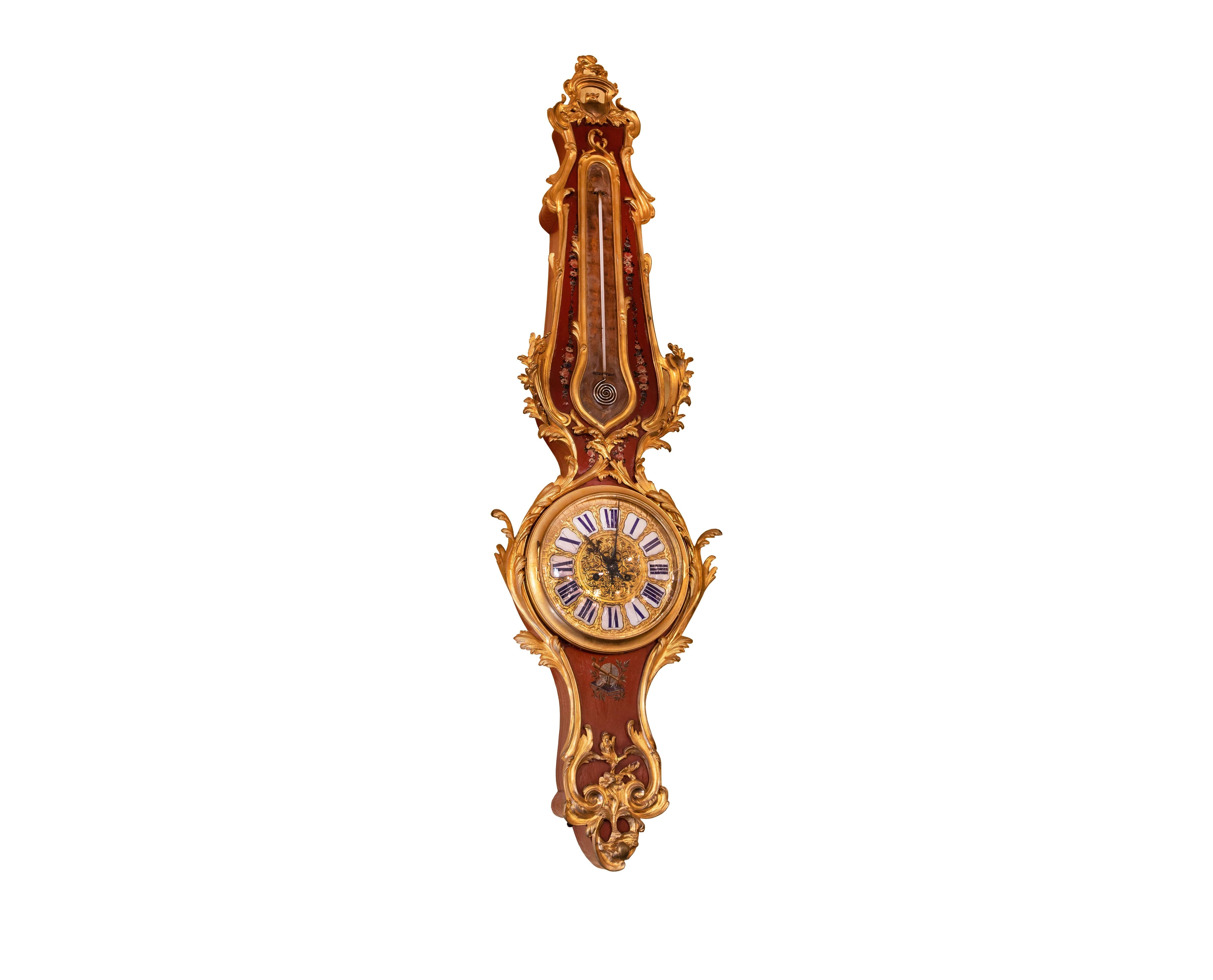 Verni Martin, bemalte Uhr und Wandleuchter-Garnitur im Louis XV-Stil mit Bronzebeschlägen (Louis XV.) im Angebot