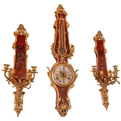 Louis XV Style Bronze-Mounted Verni Martin Painted Clock and Sconce Garniture