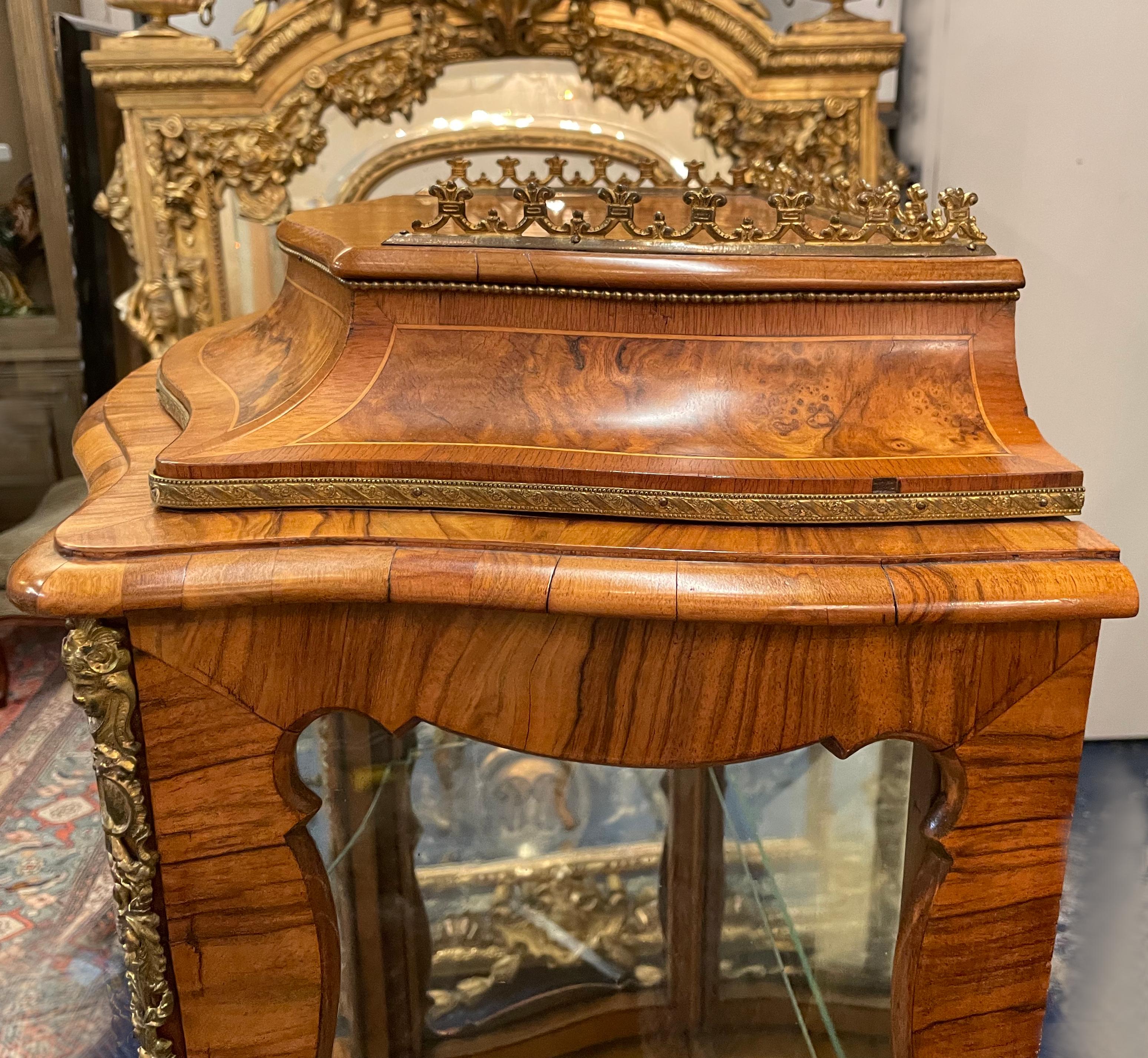 Louis XV Style Bronze & Porcelain-Mounted Walnut Vitrine Cabinet For Sale 5