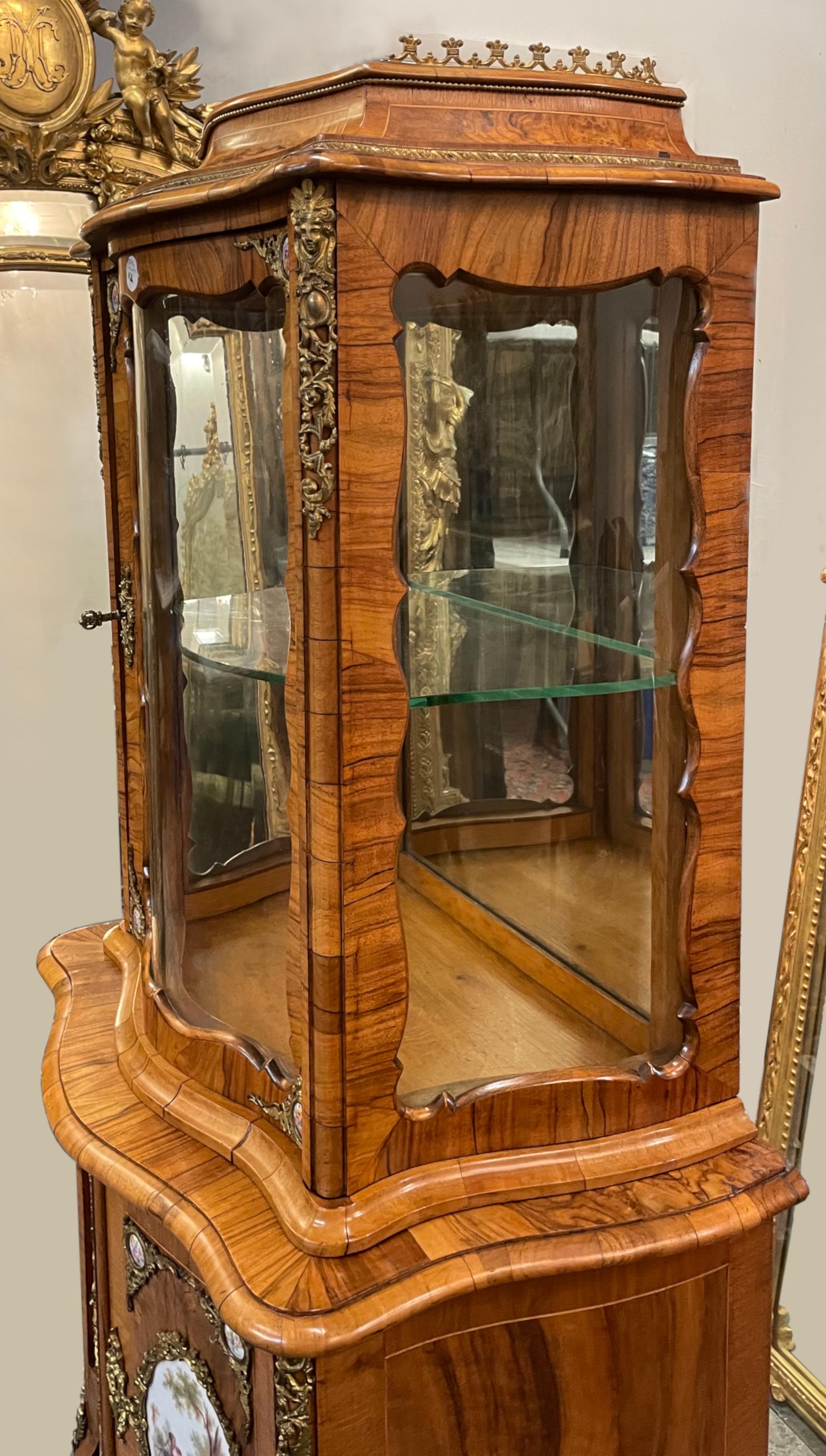 Louis XV Style Bronze & Porcelain-Mounted Walnut Vitrine Cabinet In Good Condition For Sale In West Palm Beach, FL