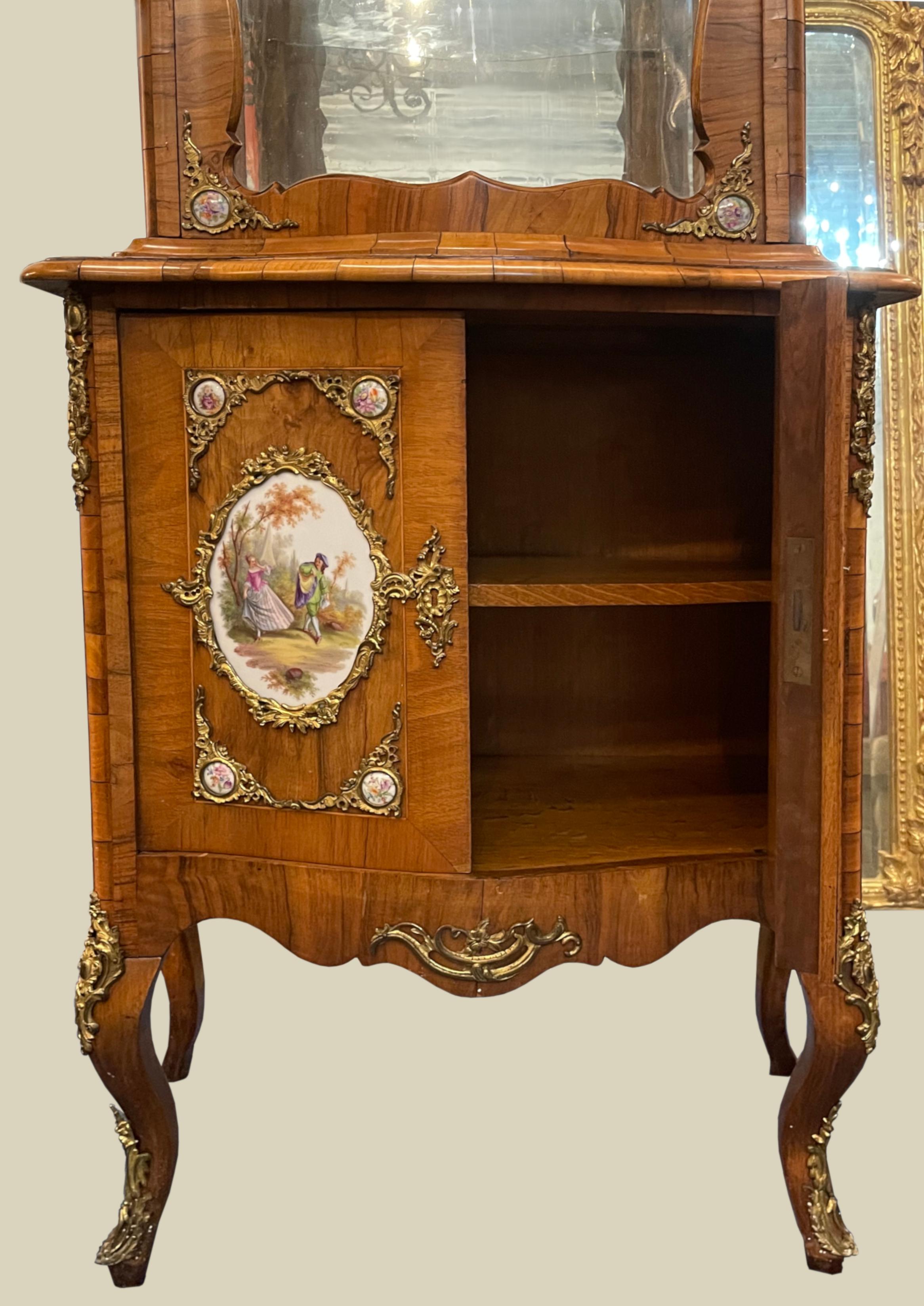 20th Century Louis XV Style Bronze & Porcelain-Mounted Walnut Vitrine Cabinet For Sale