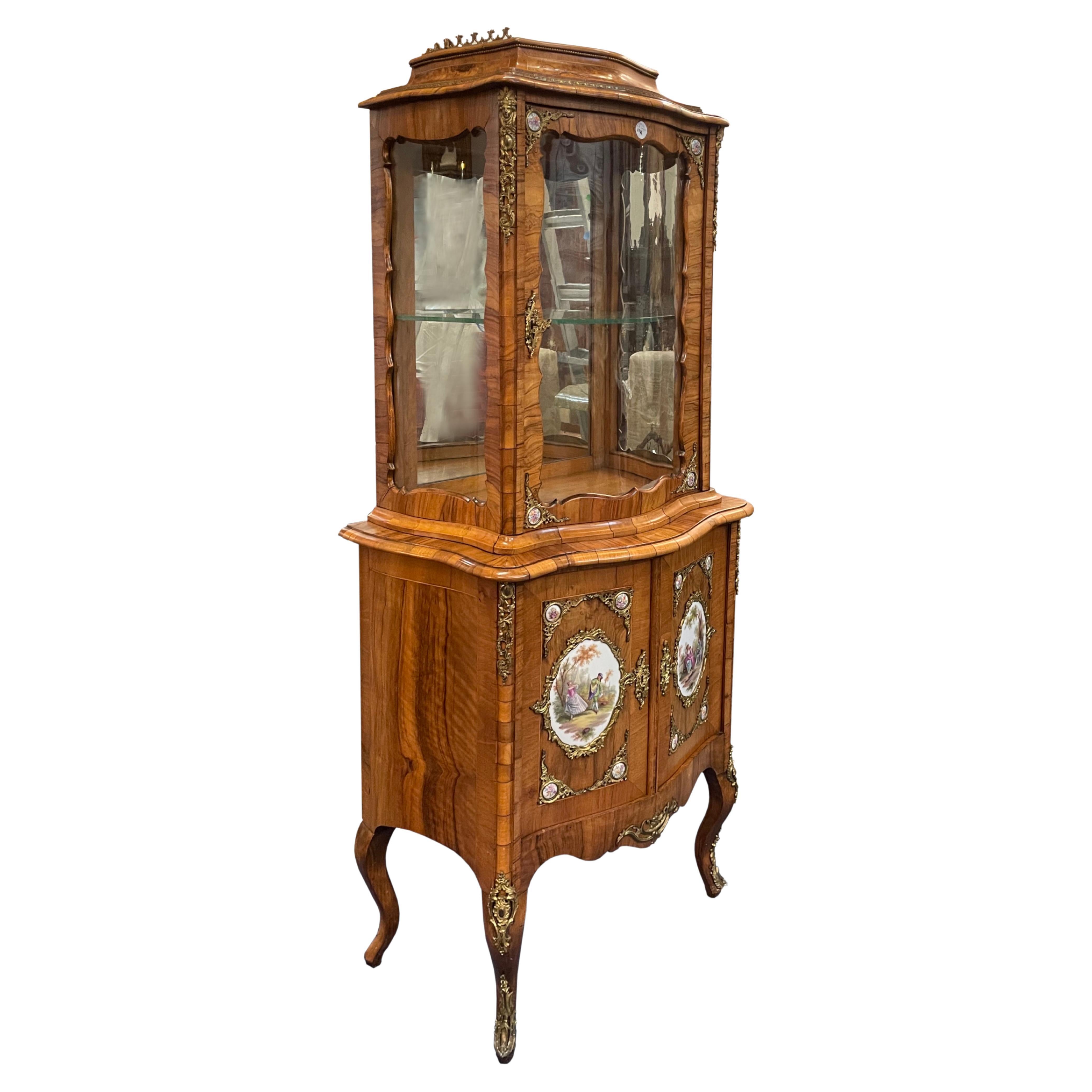 Louis XV Style Bronze & Porcelain-Mounted Walnut Vitrine Cabinet