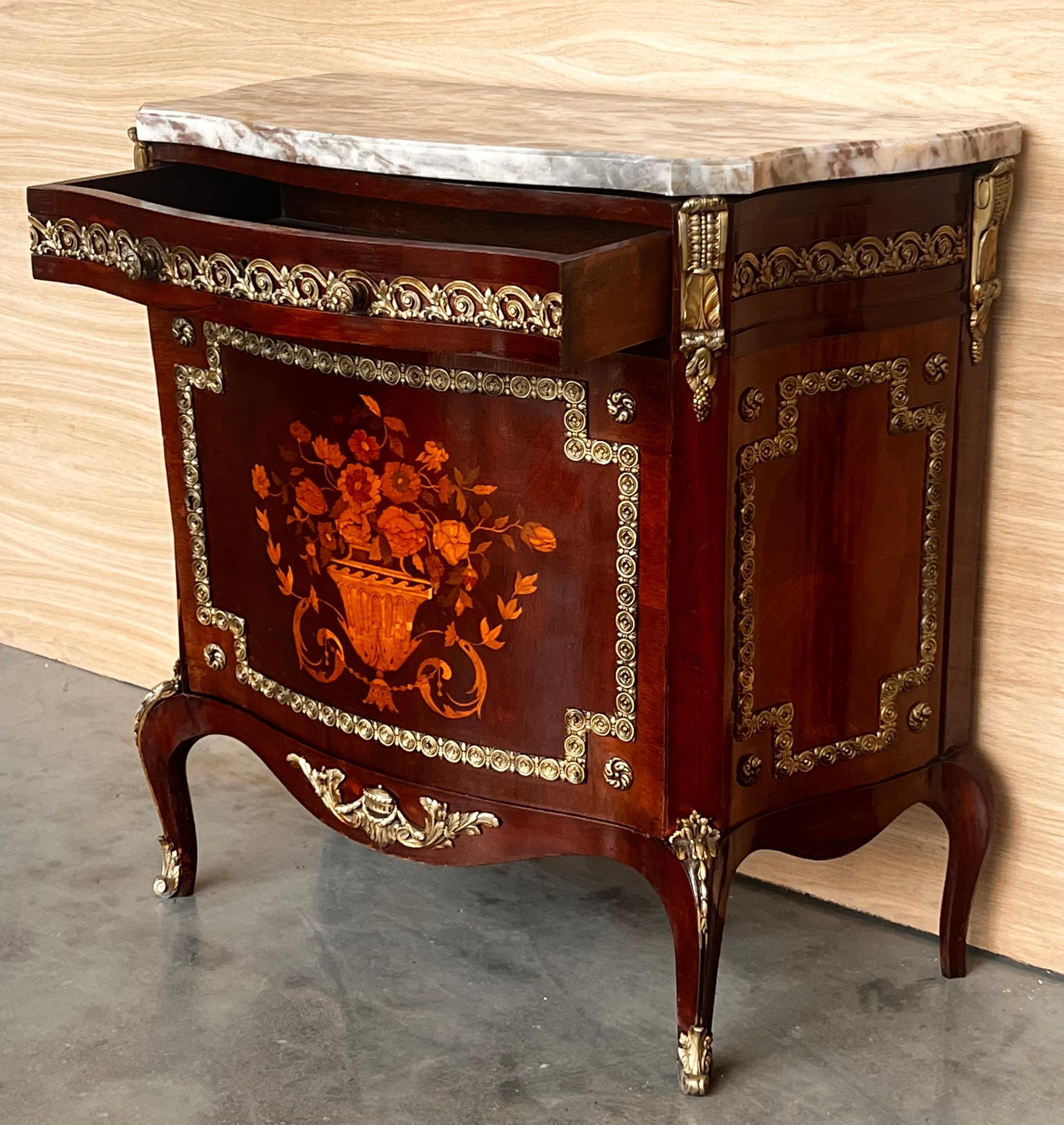 Bronze Louis XV-Style Buffet with Floral Marquetry with drawer and door For Sale