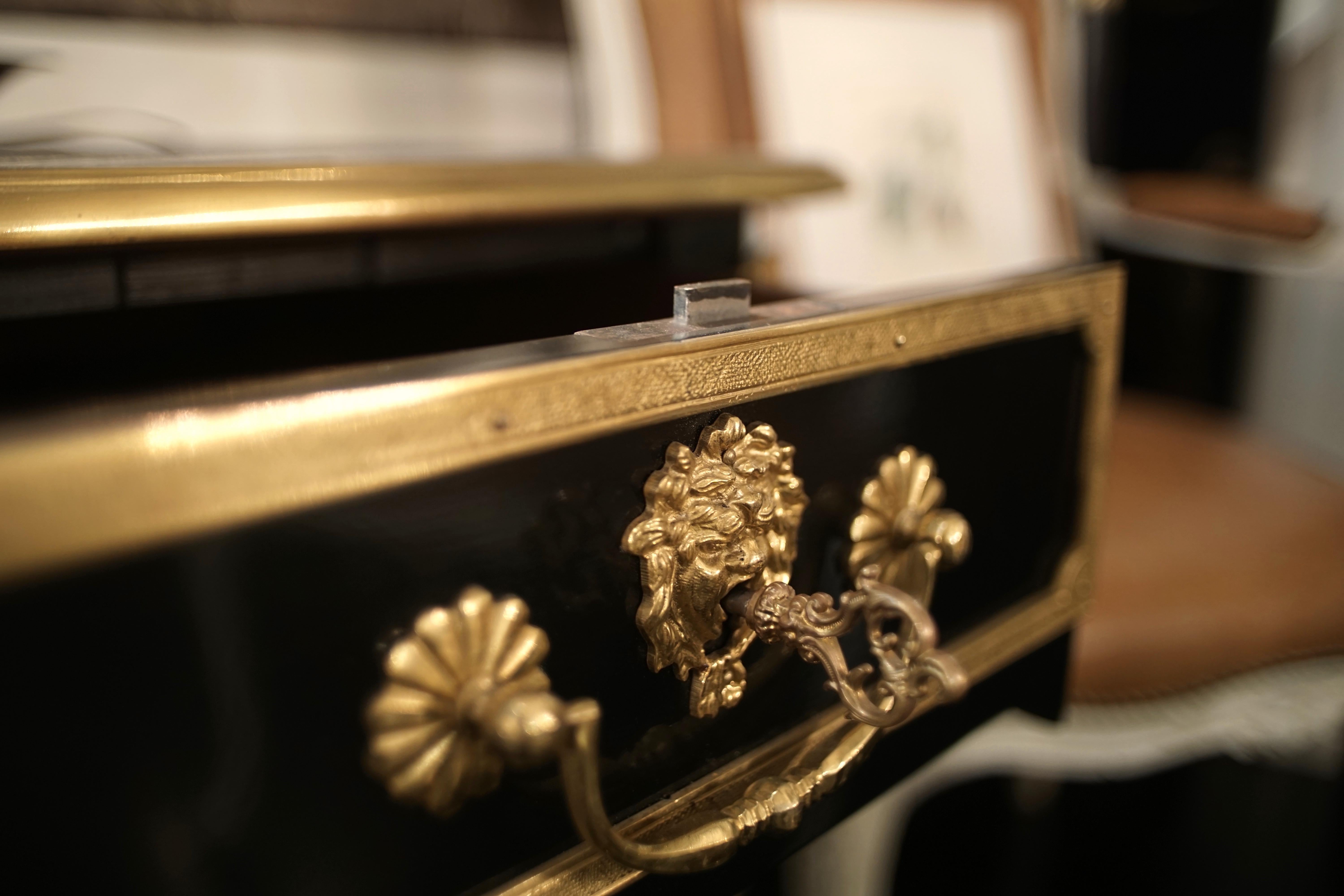 Louis XV Style Bureau Plat Desk, Black with Gilded Bronze Details 4
