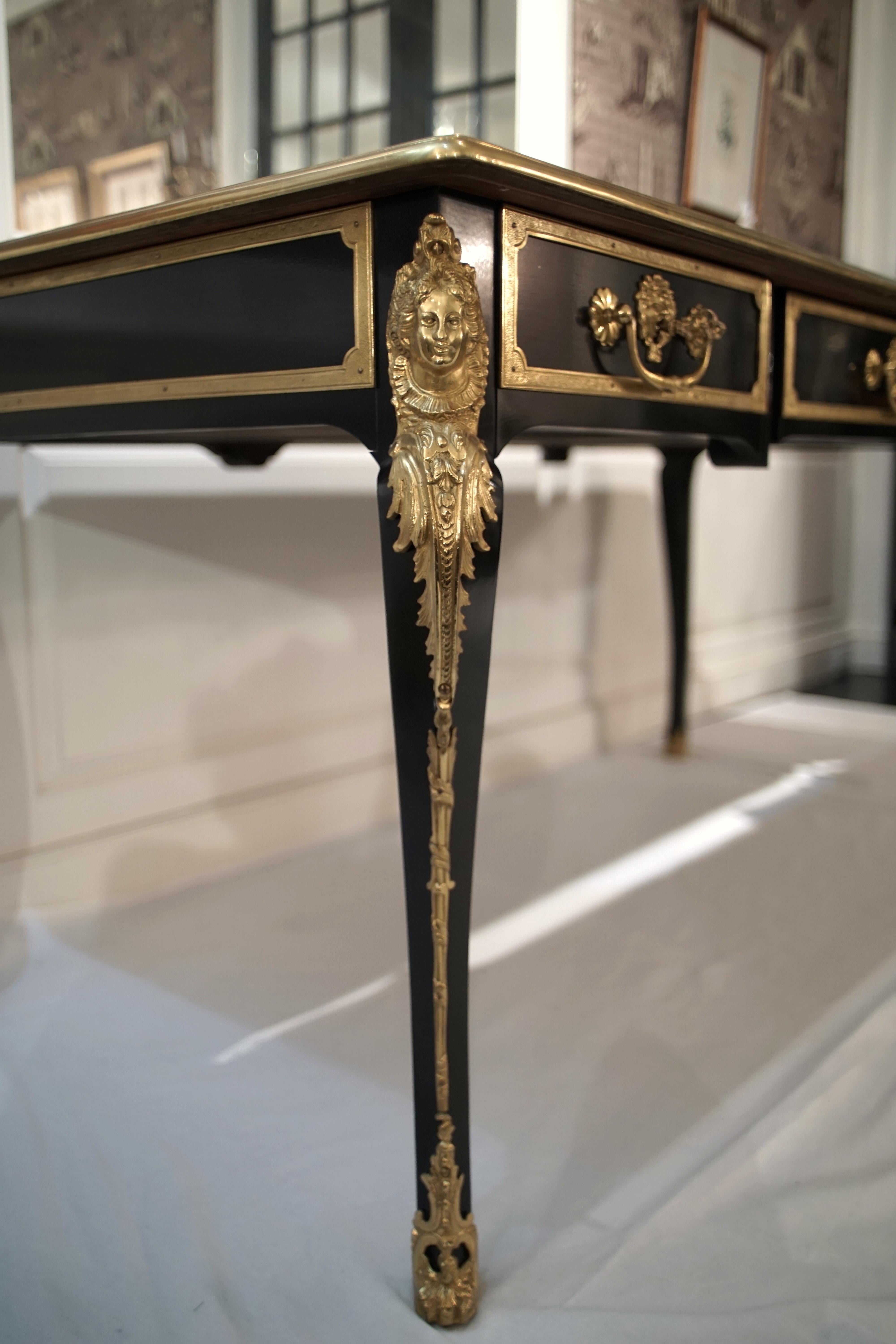Louis XV Style Bureau Plat Desk, Black with Gilded Bronze Details 6