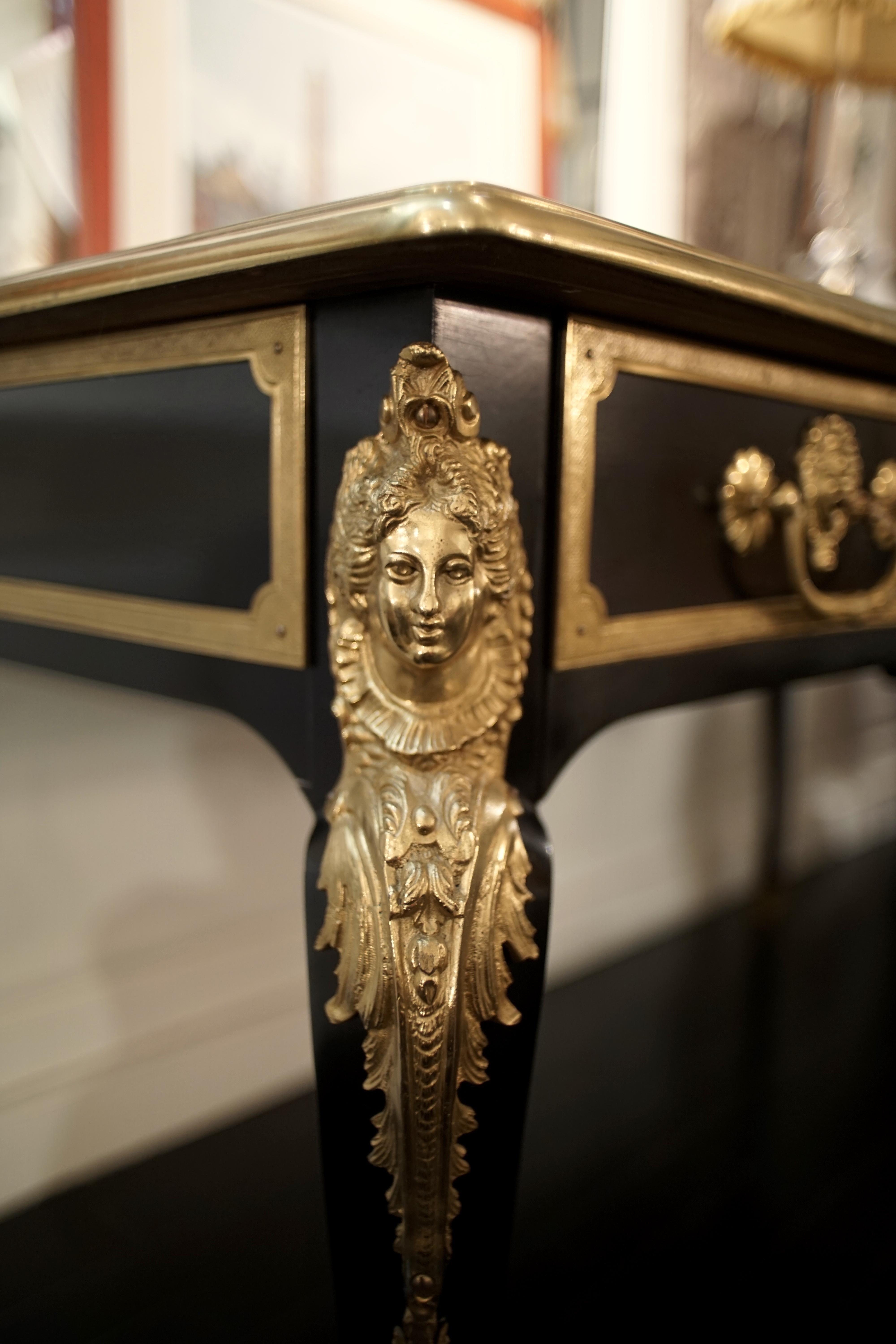 Louis XV Style Bureau Plat Desk, Black with Gilded Bronze Details 8