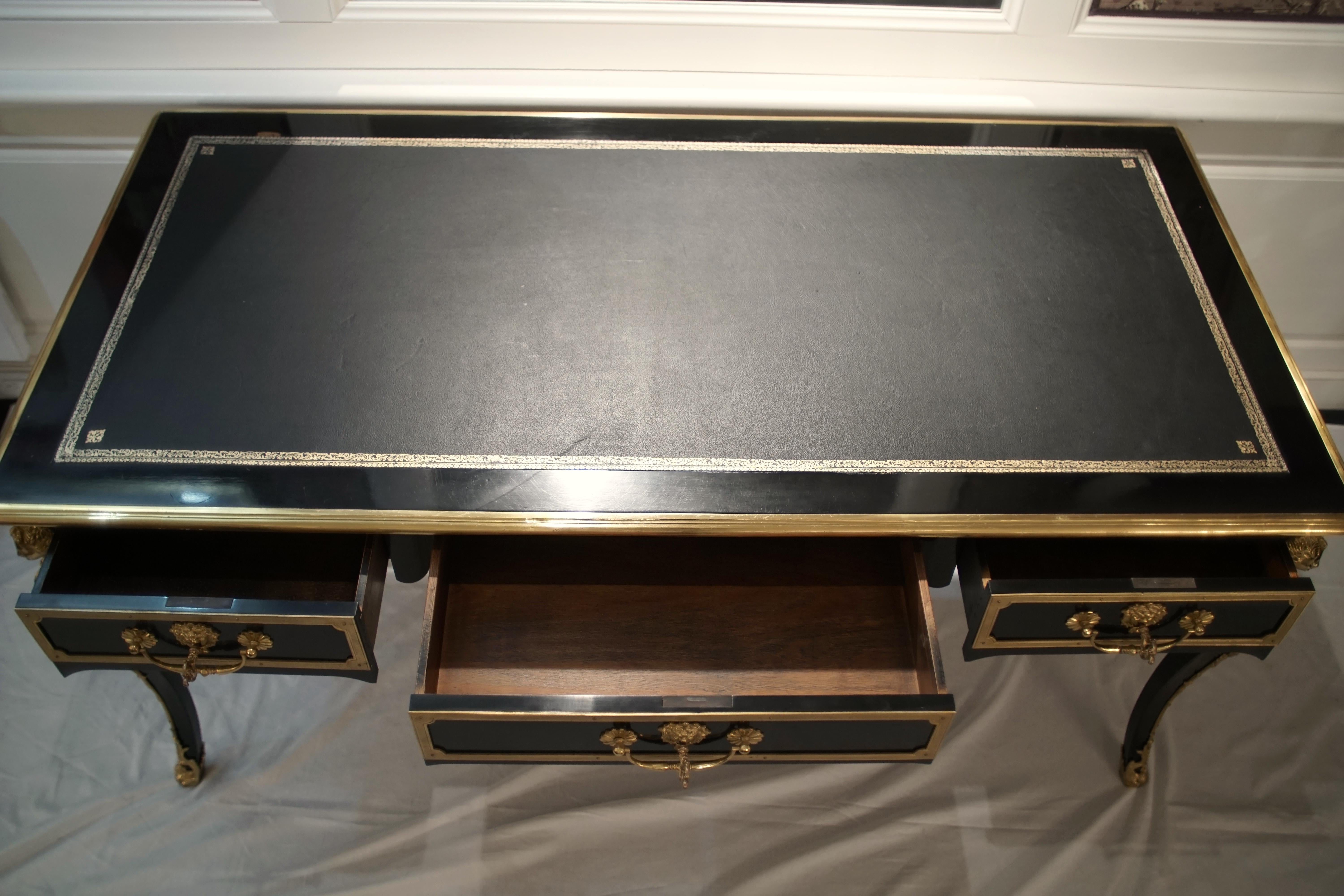 Louis XV Style Bureau Plat Desk, Black with Gilded Bronze Details 12