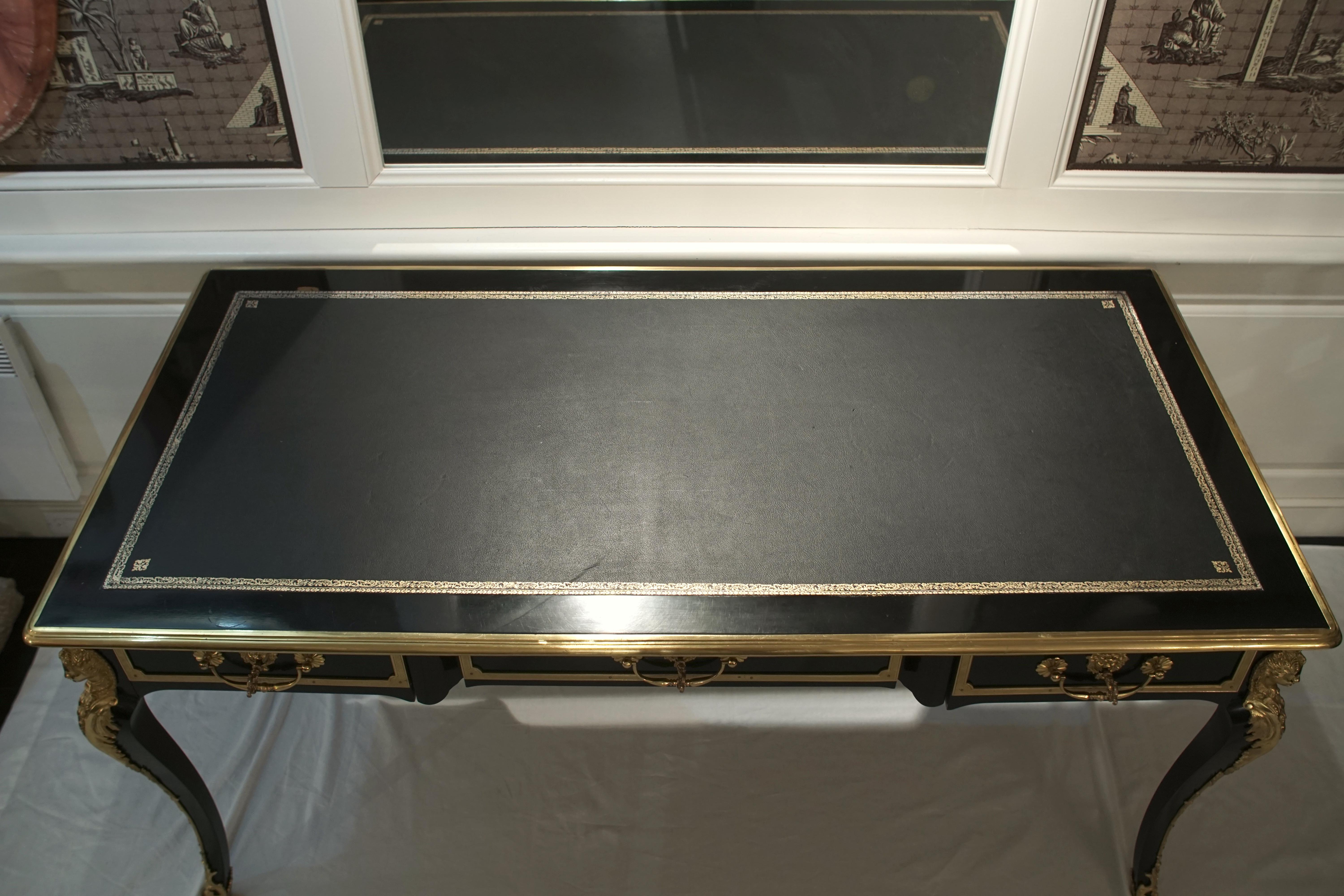 French Louis XV Style Bureau Plat Desk, Black with Gilded Bronze Details