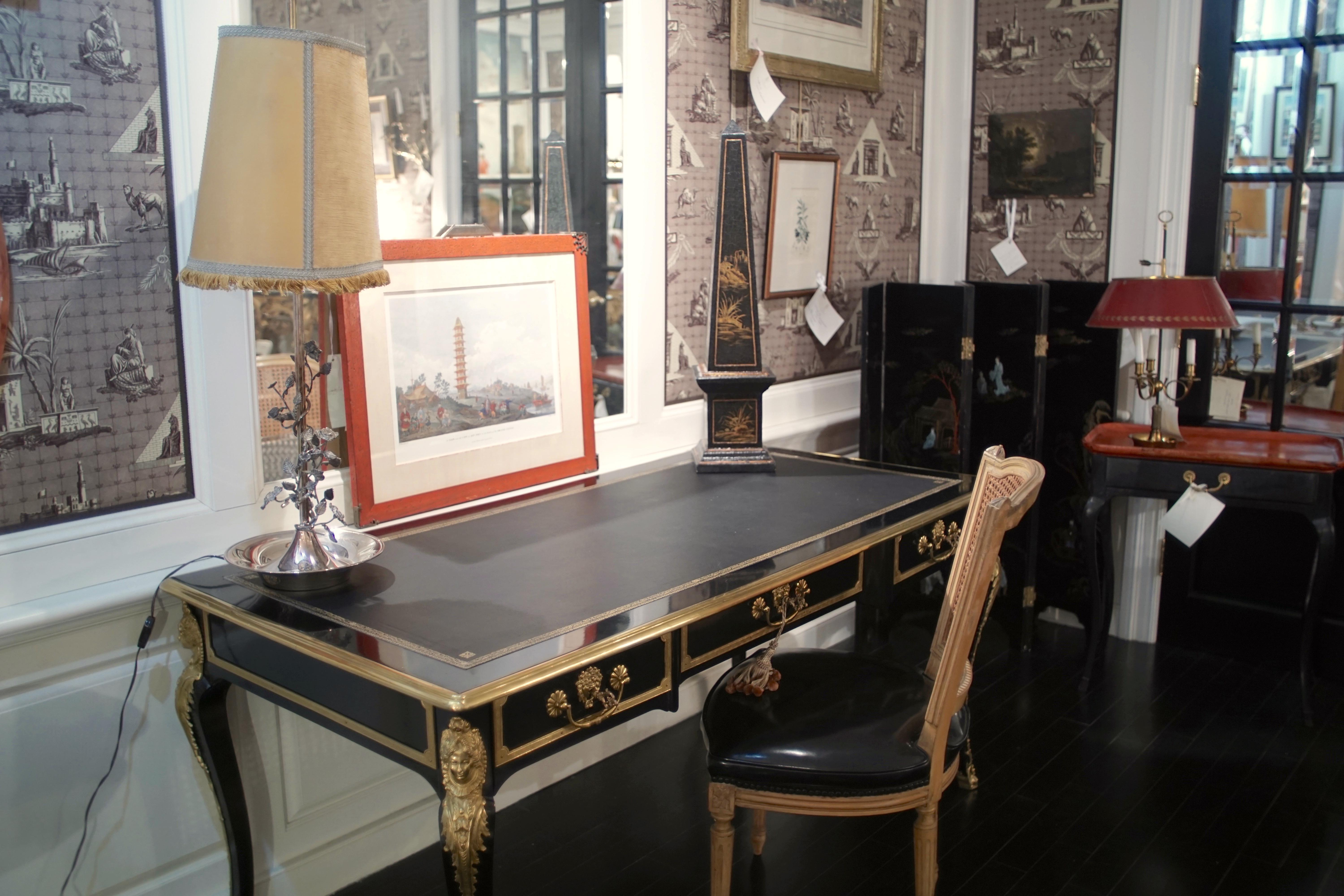 Ebonized Louis XV Style Bureau Plat Desk, Black with Gilded Bronze Details