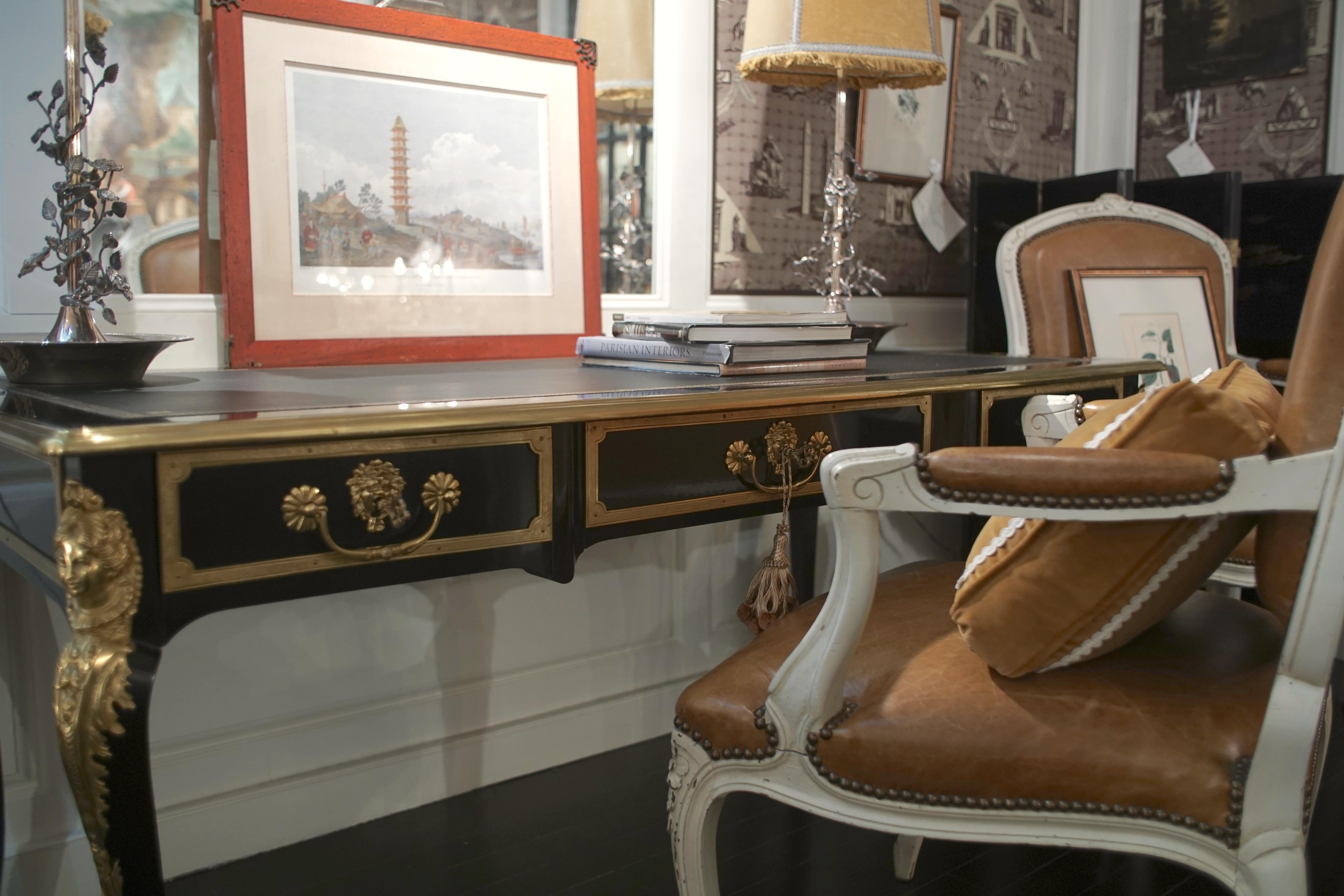 20th Century Louis XV Style Bureau Plat Desk, Black with Gilded Bronze Details