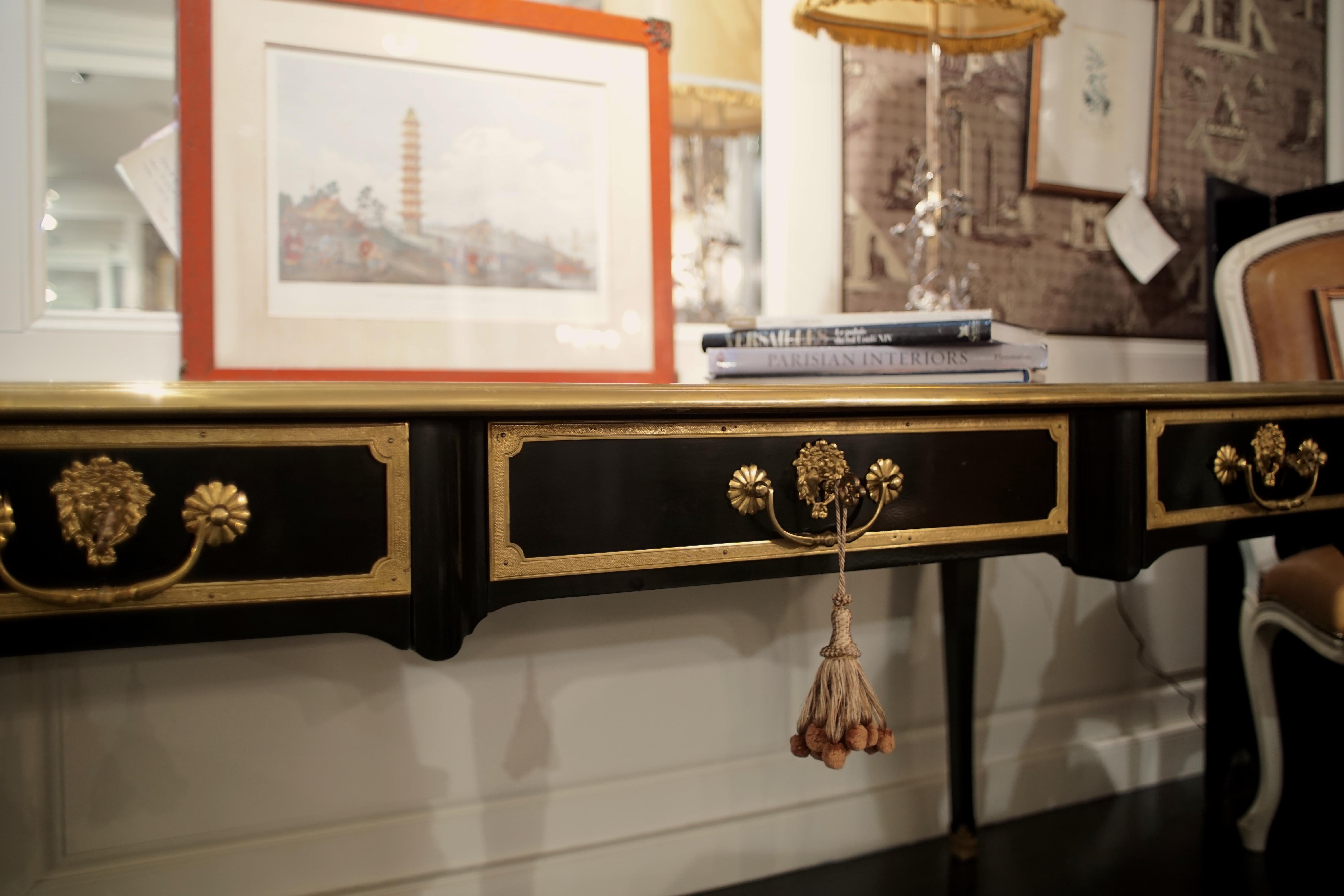 Louis XV Style Bureau Plat Desk, Black with Gilded Bronze Details 2